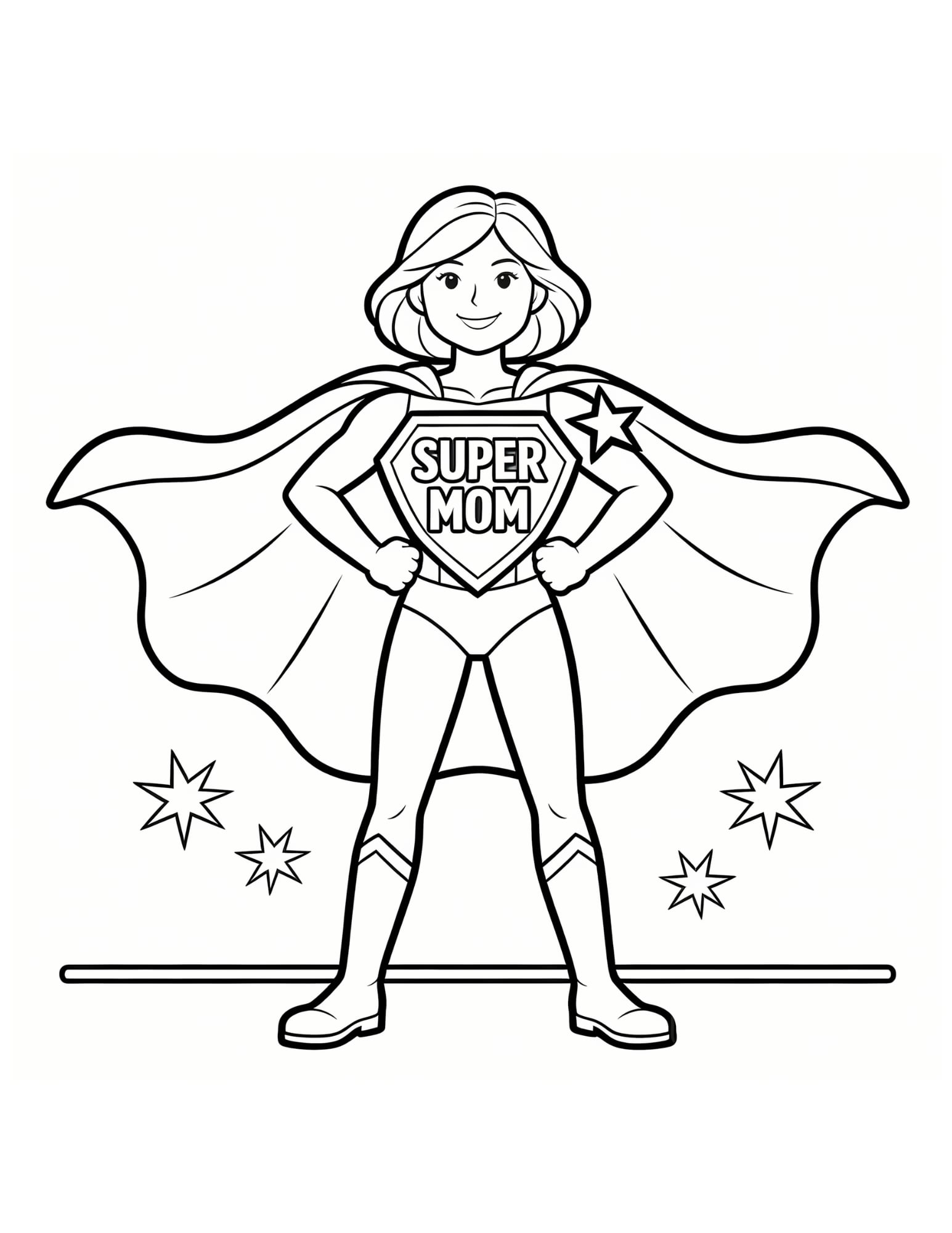 Super Mom Coloring Page — Superhero Mom with Cape & Shield - Black and White Coloring Page