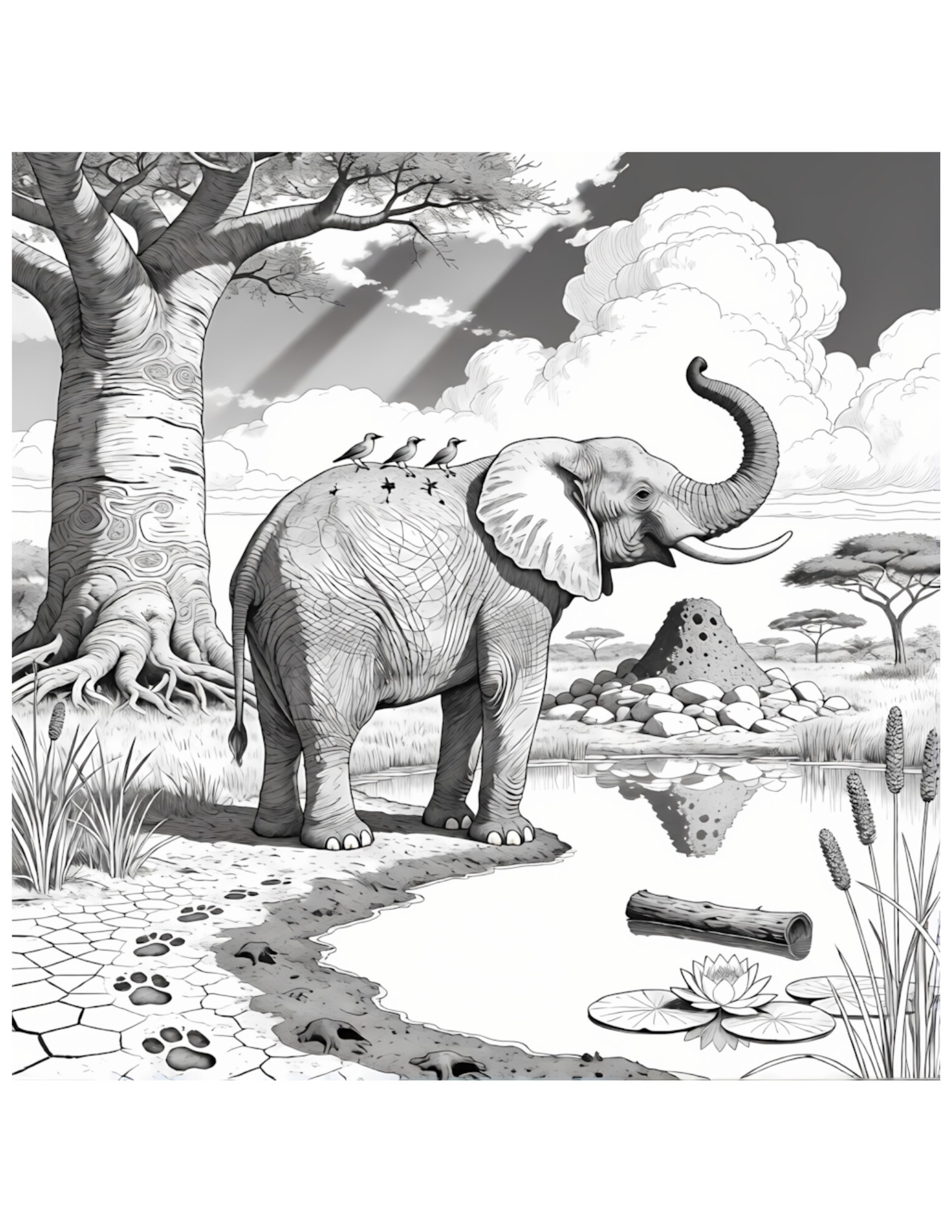 African Elephant at Watering Hole in Savanna - Black and White Coloring Page