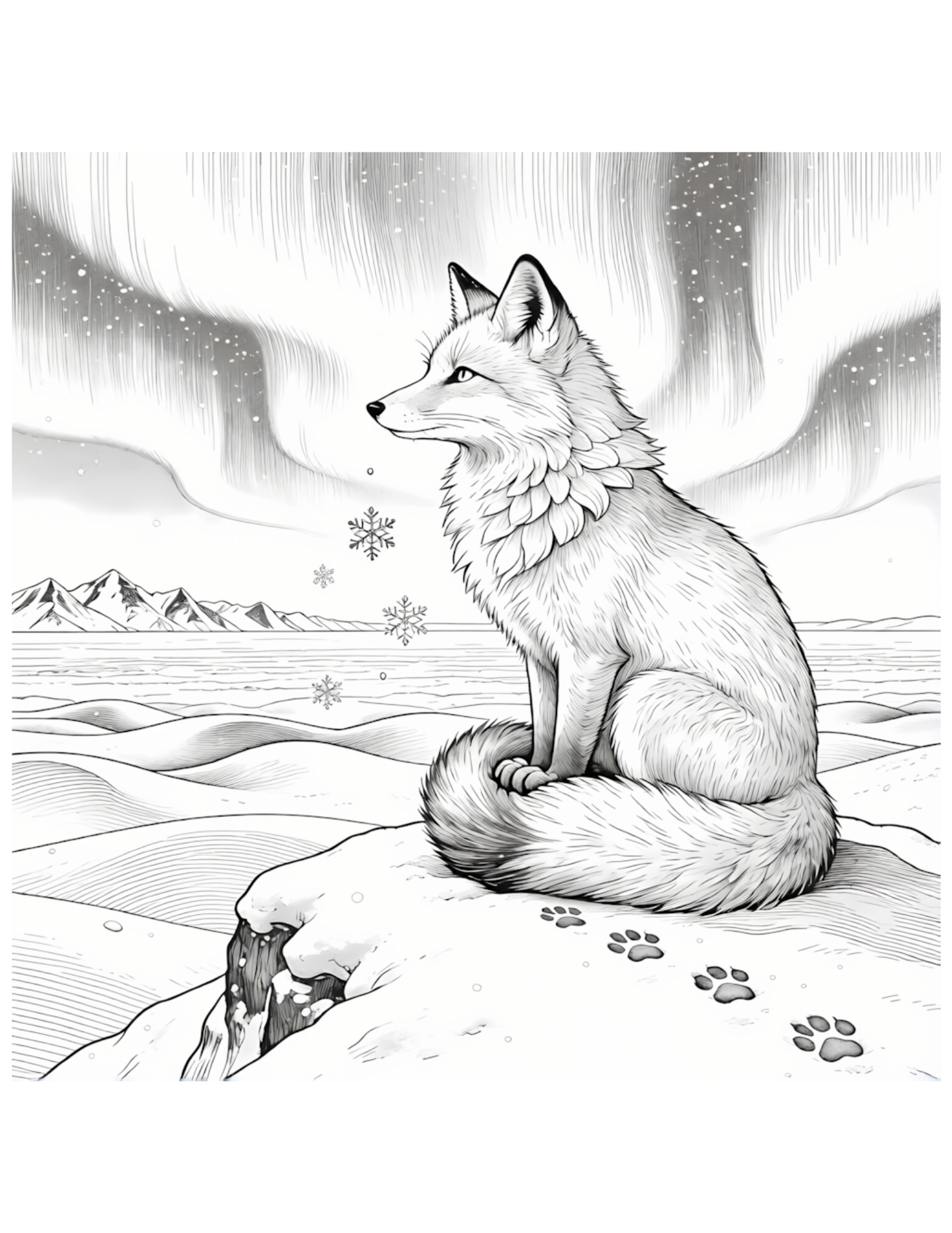 Arctic Fox Under Northern Lights - Black and White Coloring Page