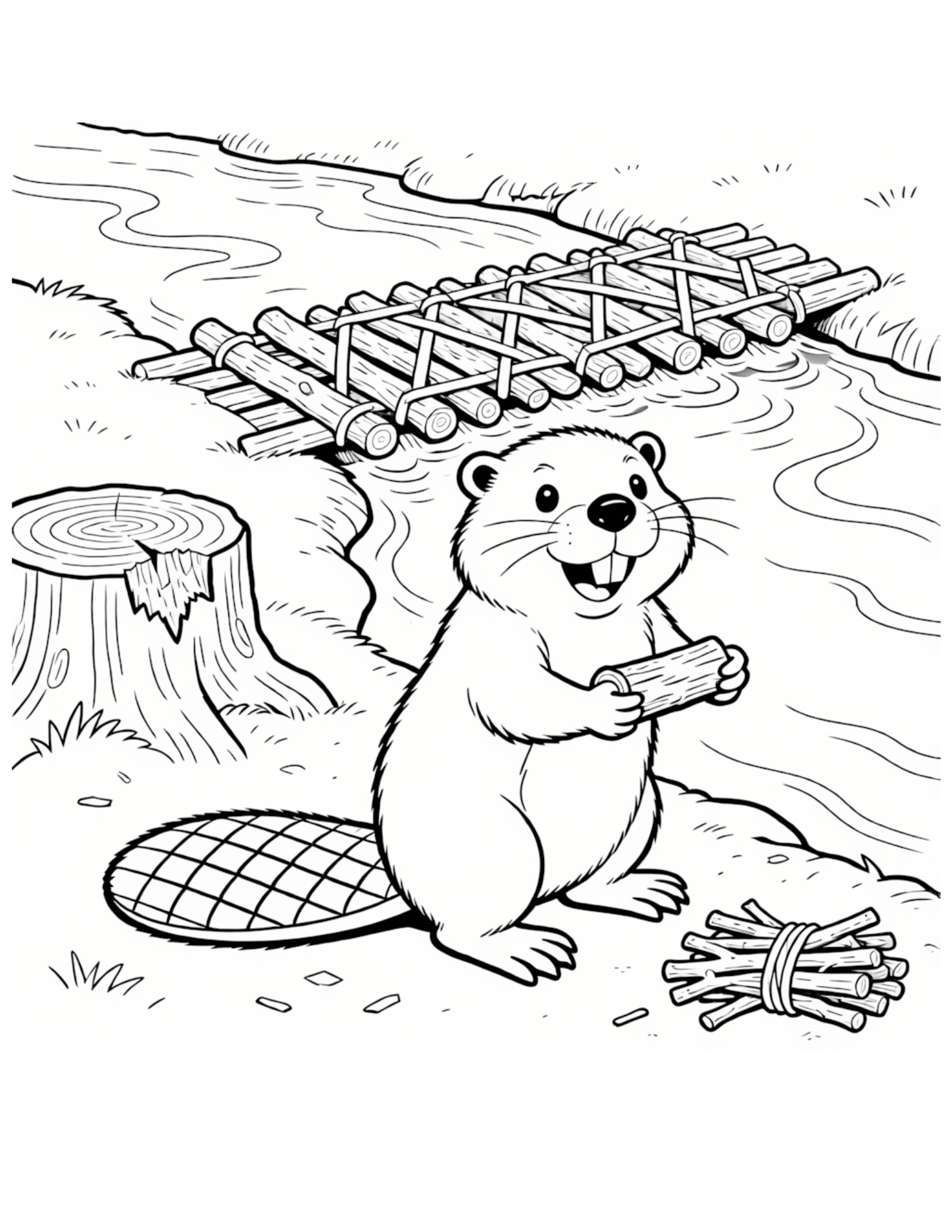 Beaver Building a Dam by the River - Black and White Coloring Page