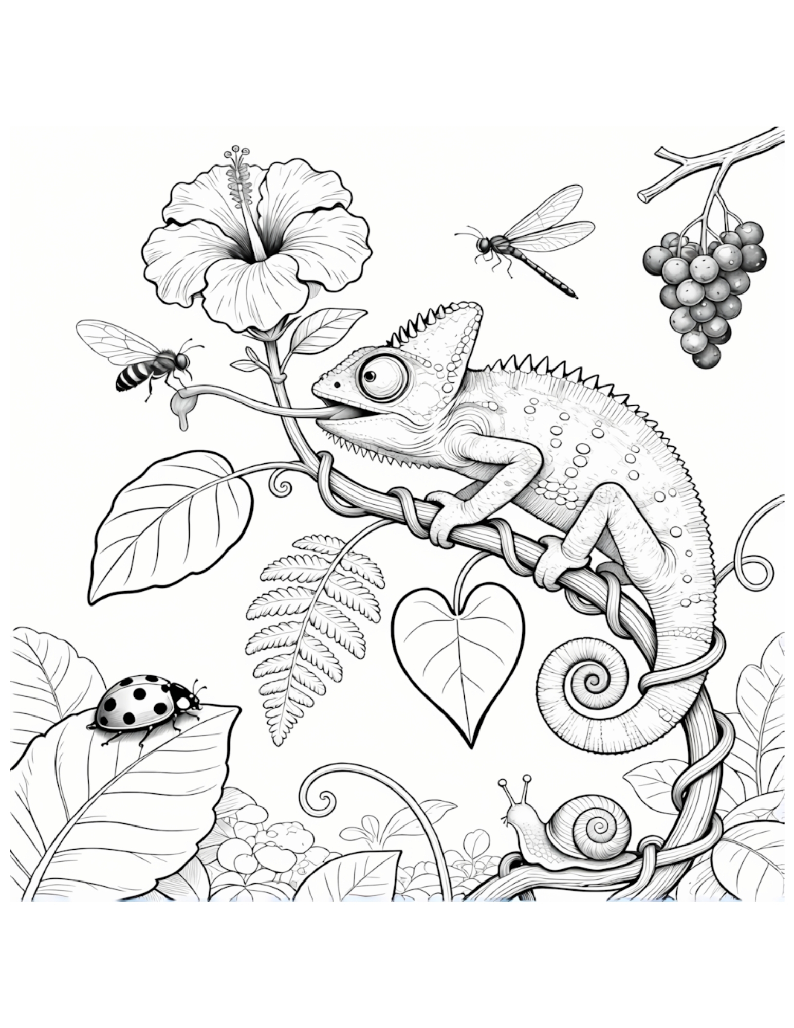 Chameleon on Branch with Tropical Plants - Black and White Coloring Page