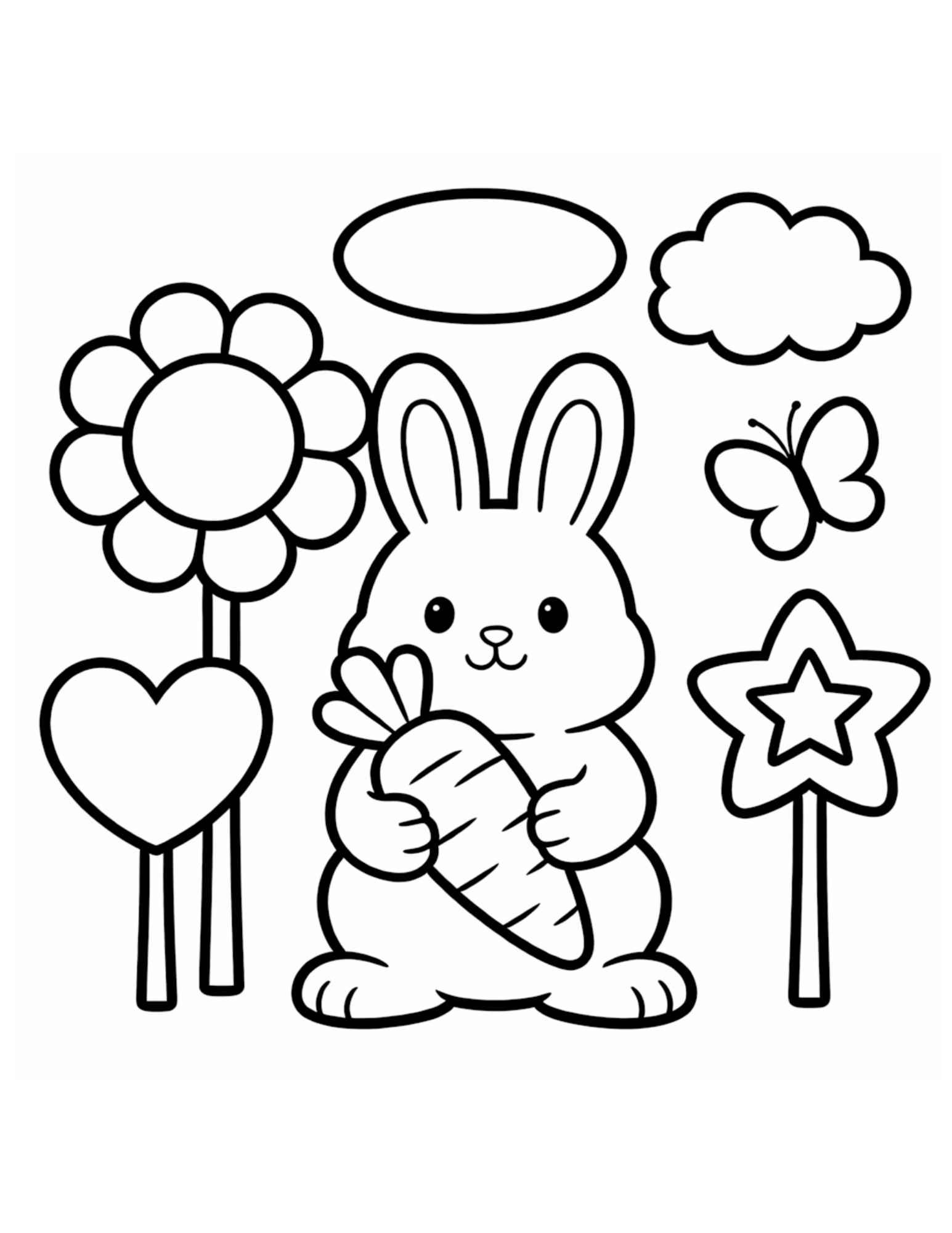 Cute Kawaii Bunny with Carrot - Black and White Coloring Page