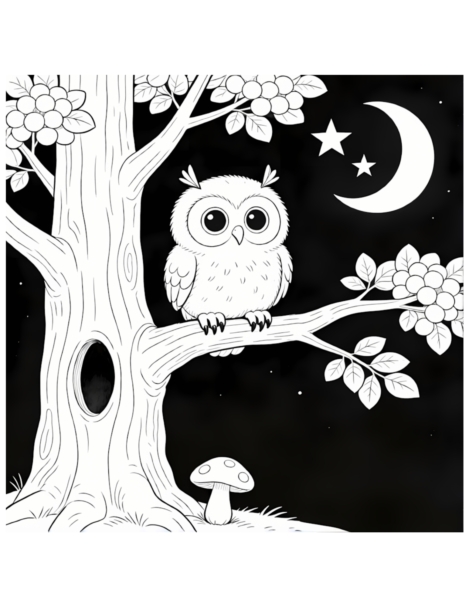 Cute Owl on Tree Branch at Night - Black and White Coloring Page