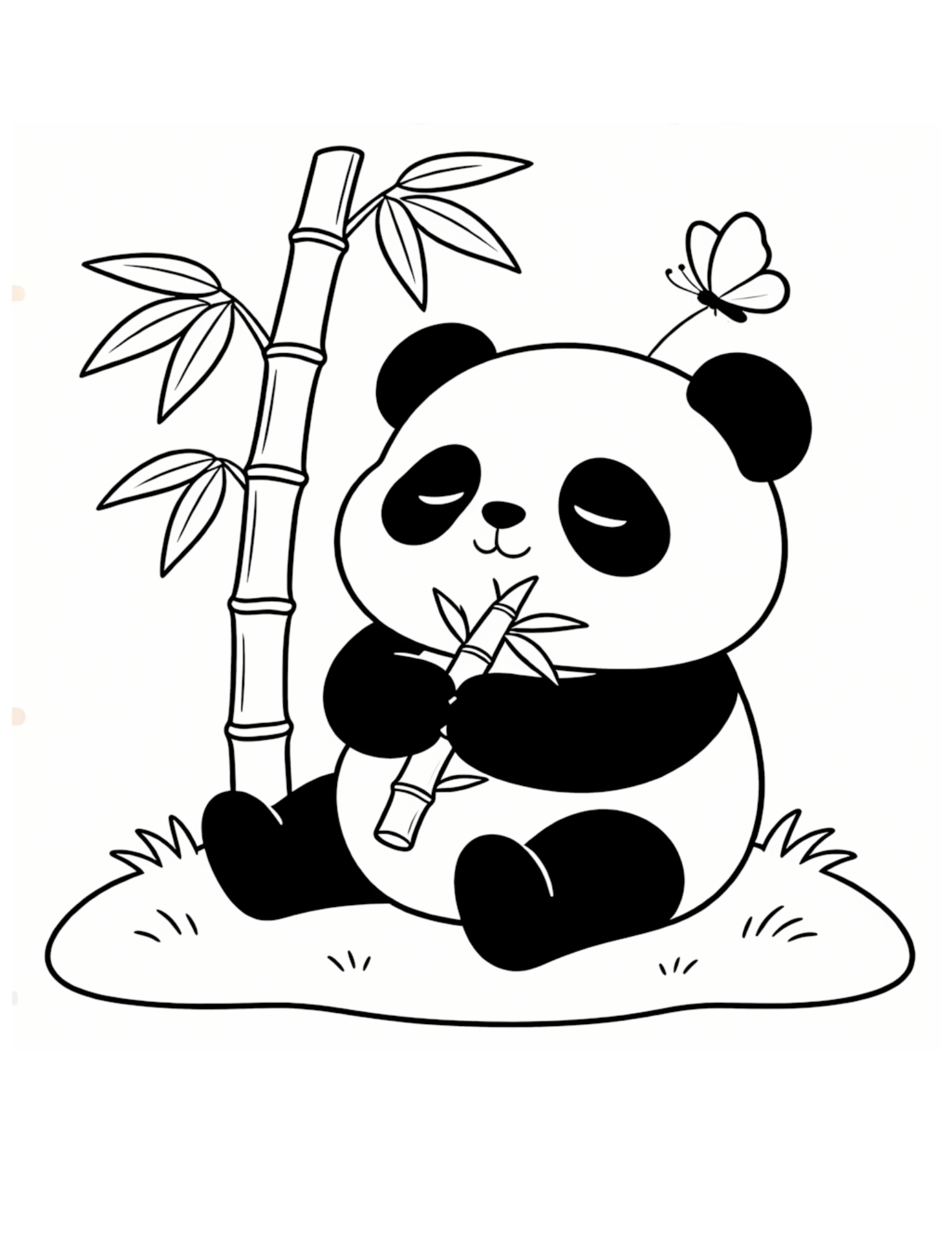 Cute Giant Panda Eating Bamboo - Black and White Coloring Page