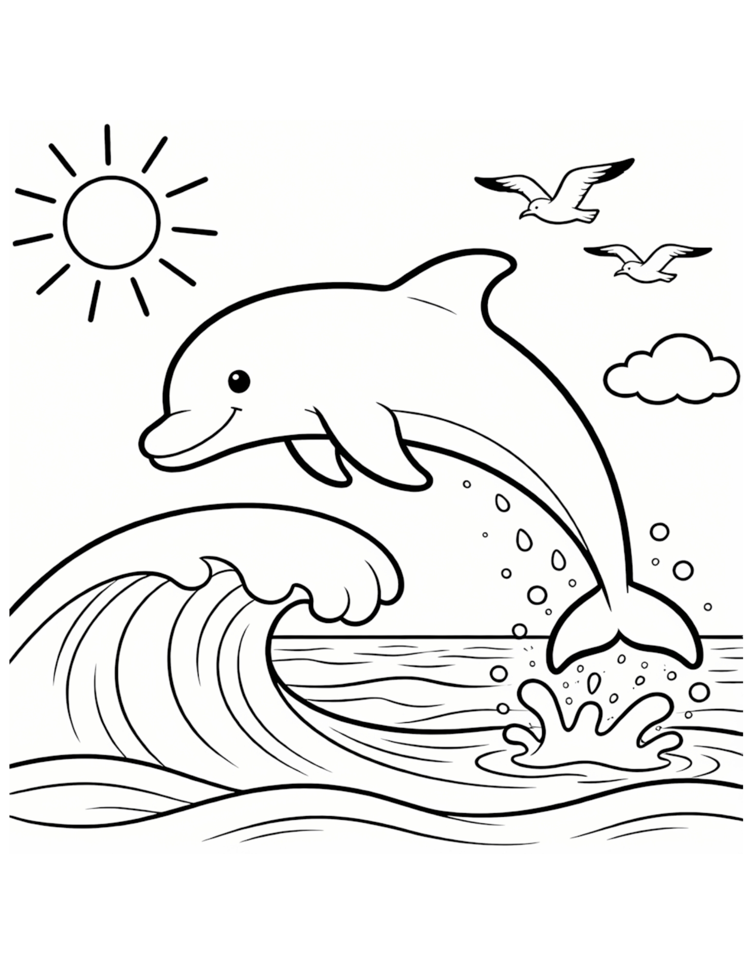 Bottlenose Dolphin Jumping Over Ocean Waves - Black and White Coloring Page