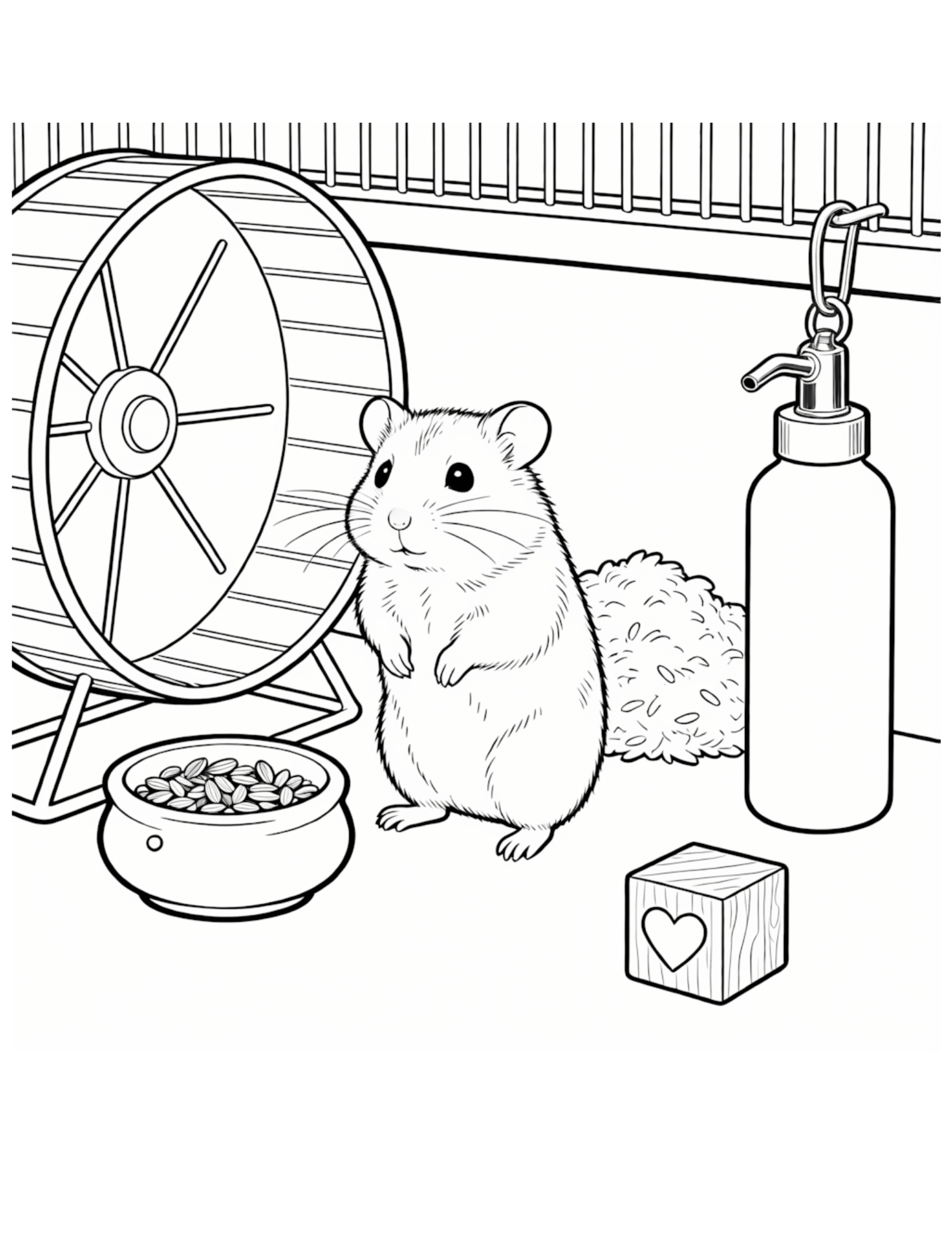 Pet Hamster in Cage with Exercise Wheel - Black and White Coloring Page