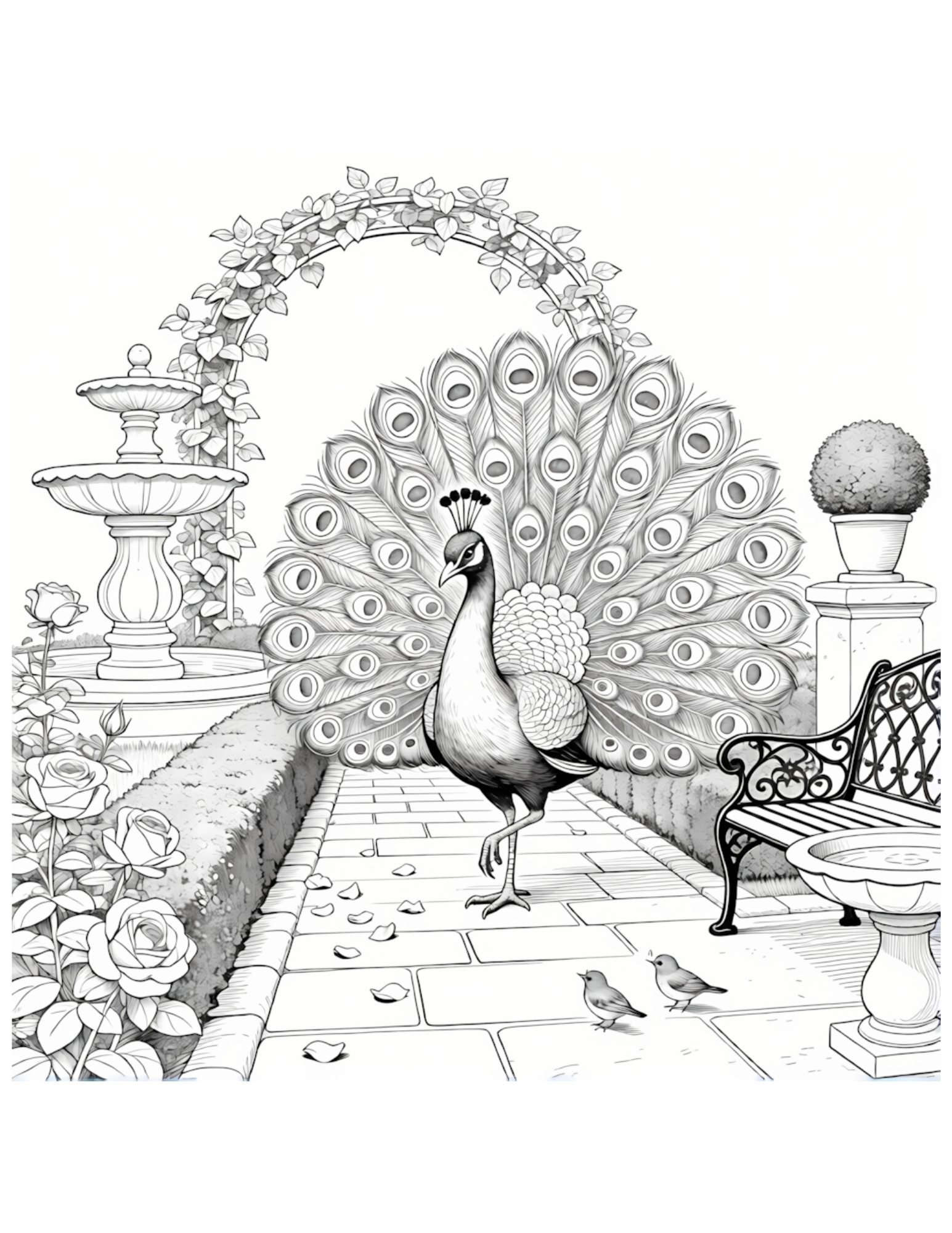 Majestic Peacock in Formal Garden - Black and White Coloring Page
