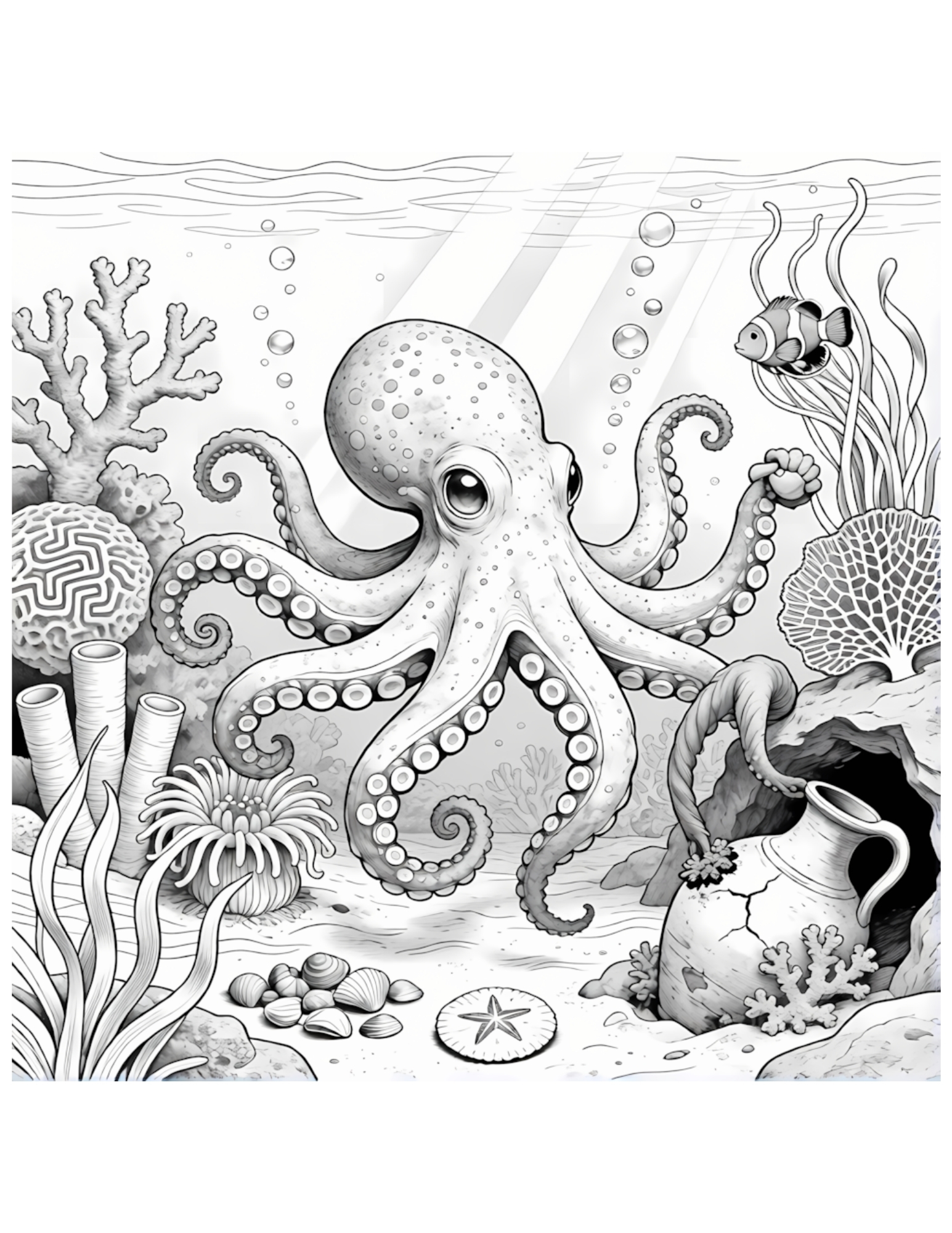 Octopus in Coral Reef Underwater Scene - Black and White Coloring Page