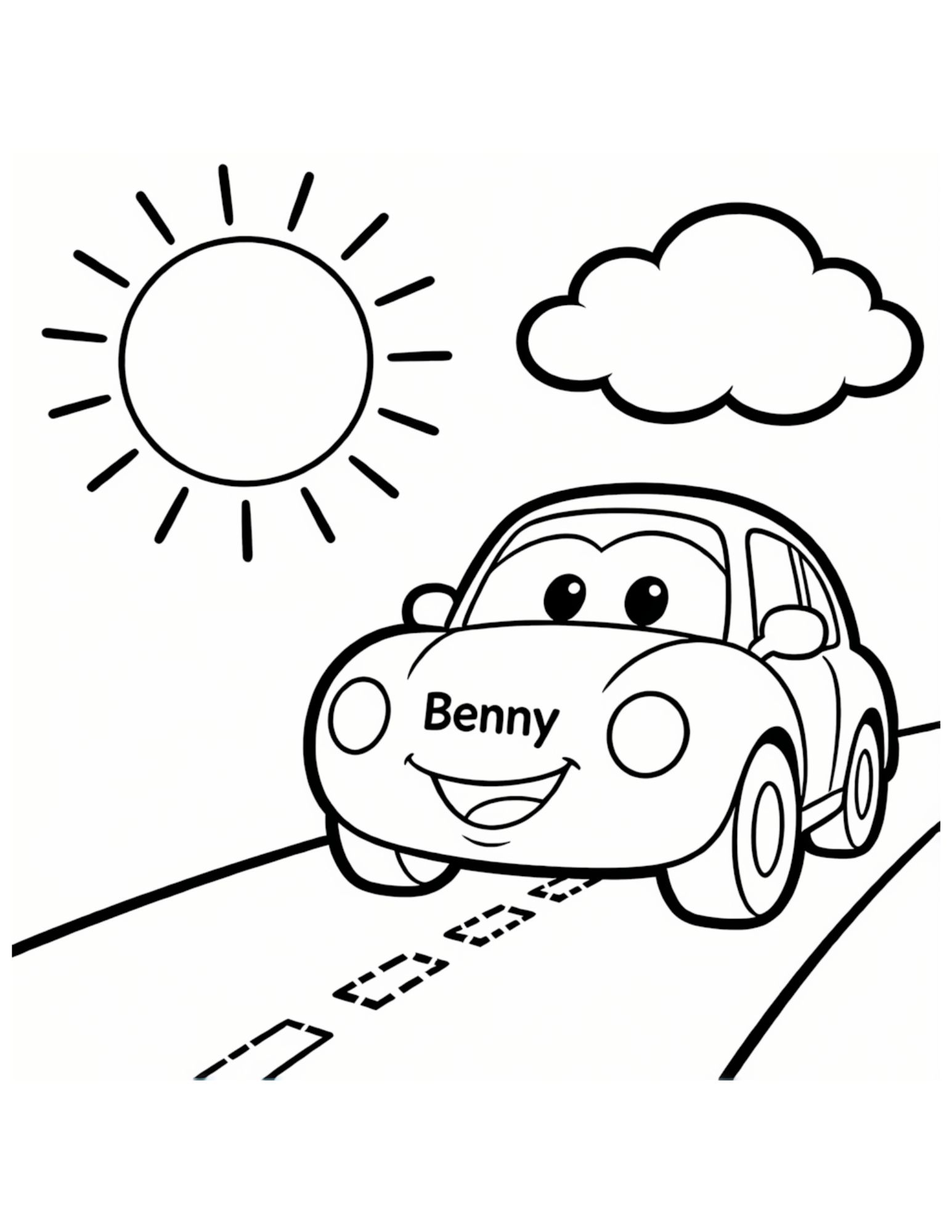 Benny the Happy Car Driving on a Sunny Road - Black and White Coloring Page