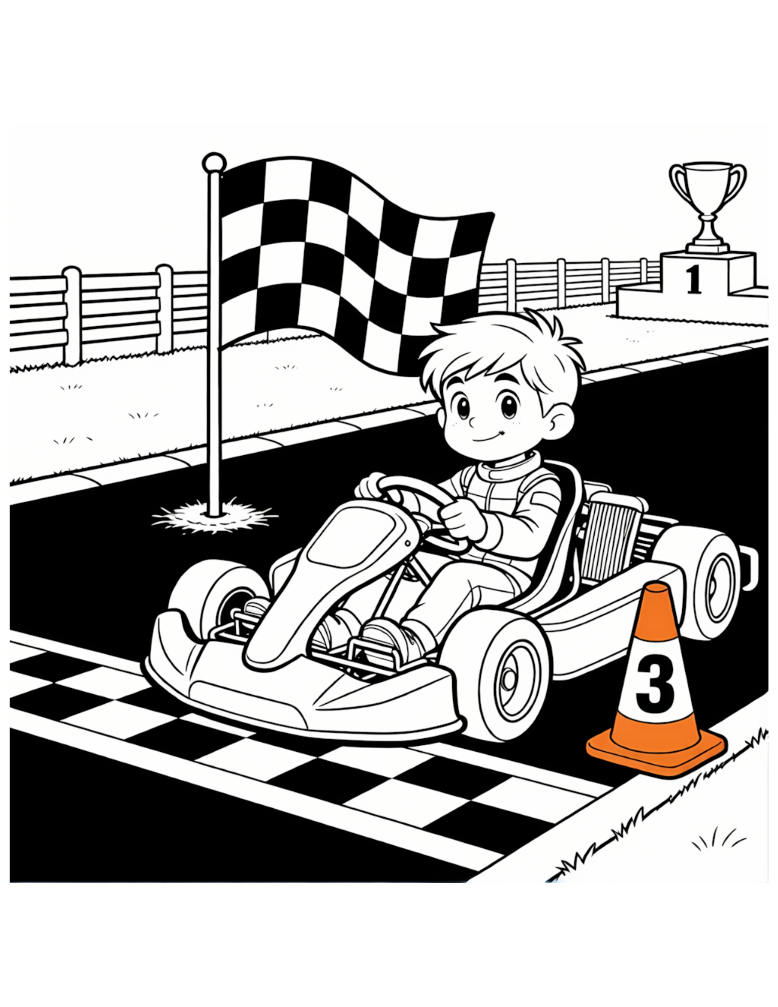Boy Racing Number 3 Go-Kart on Track - Black and White Coloring Page