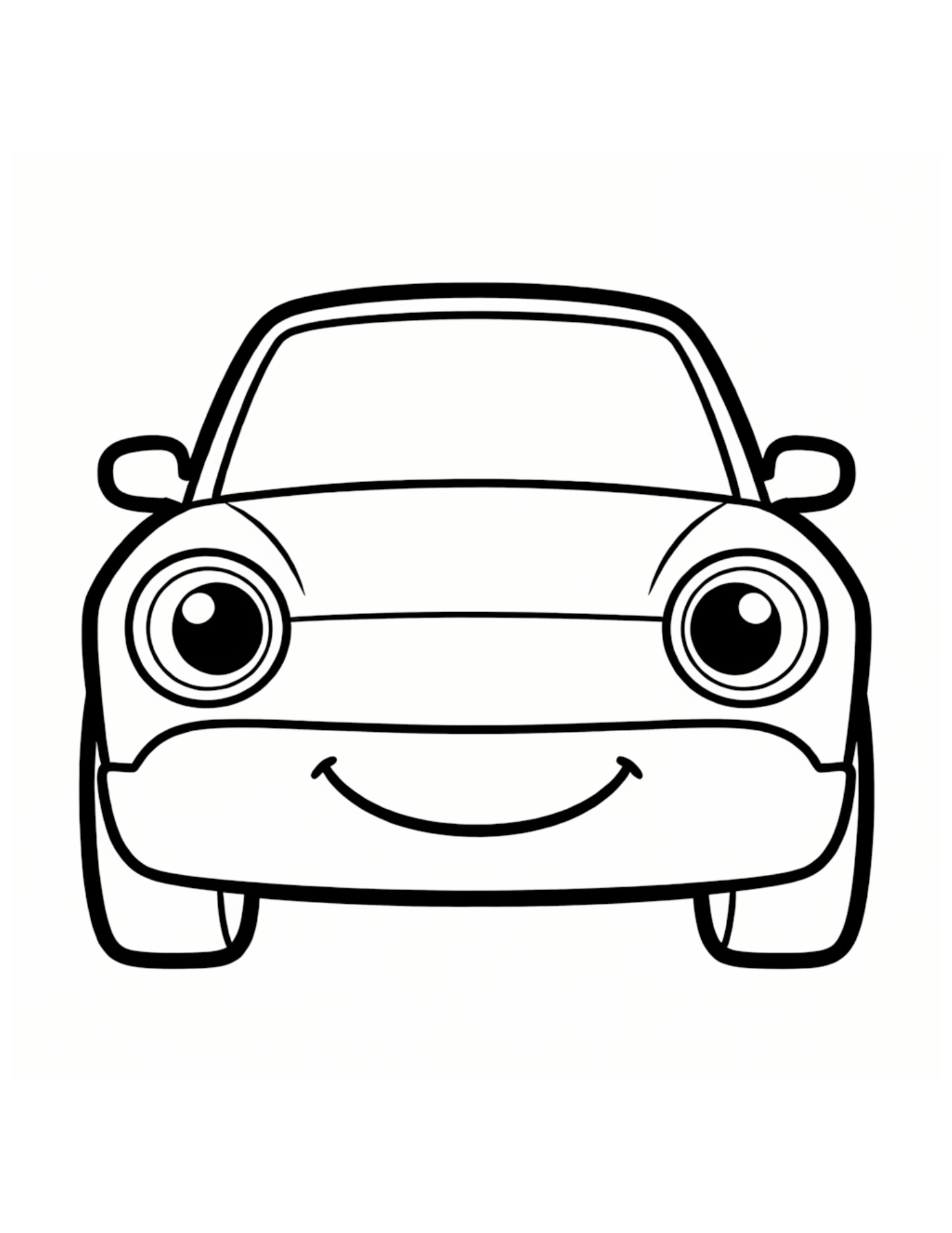 Cute Cartoon Car with Big Eyes Front View - Black and White Coloring Page