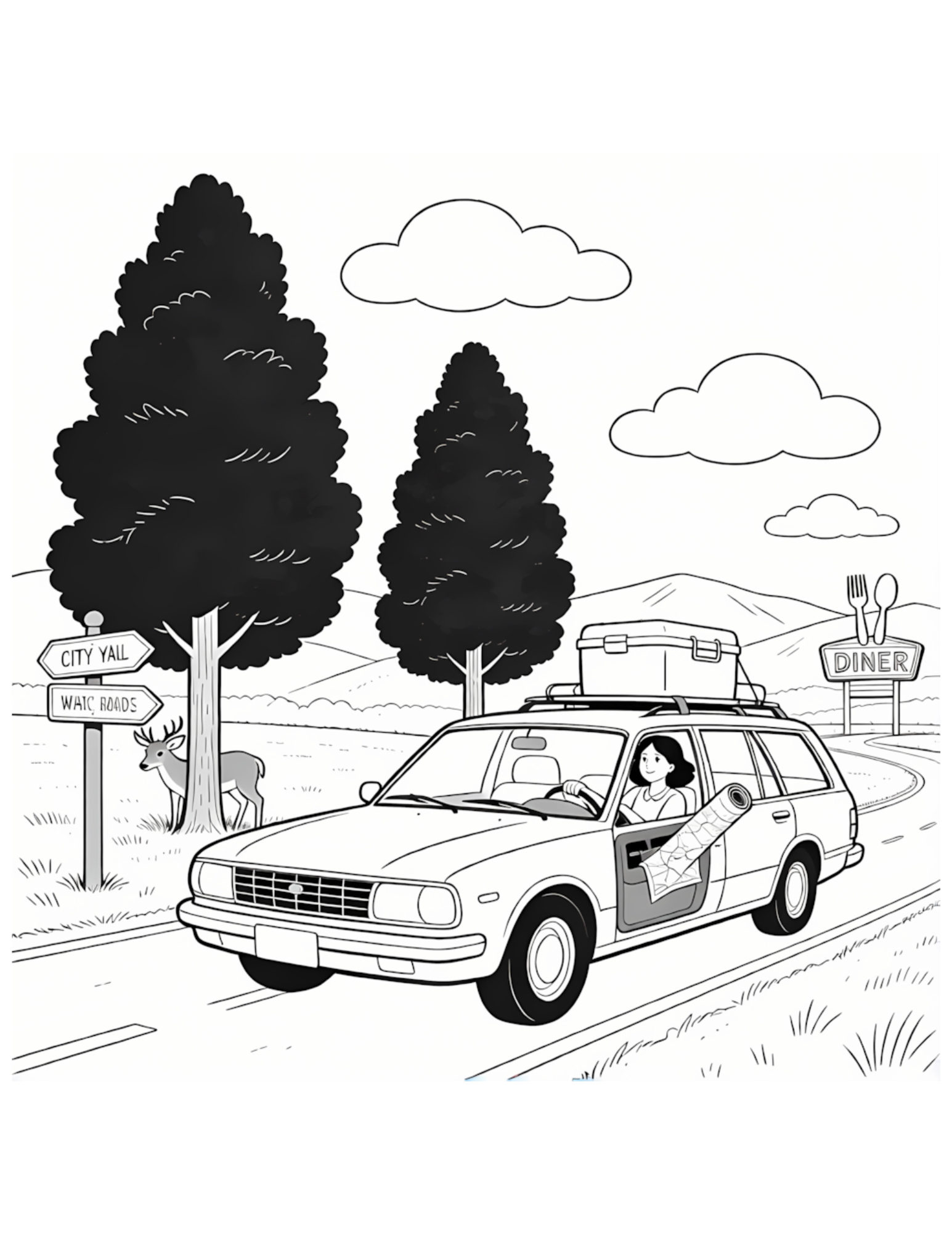 Family Station Wagon on a Country Road Trip - Black and White Coloring Page