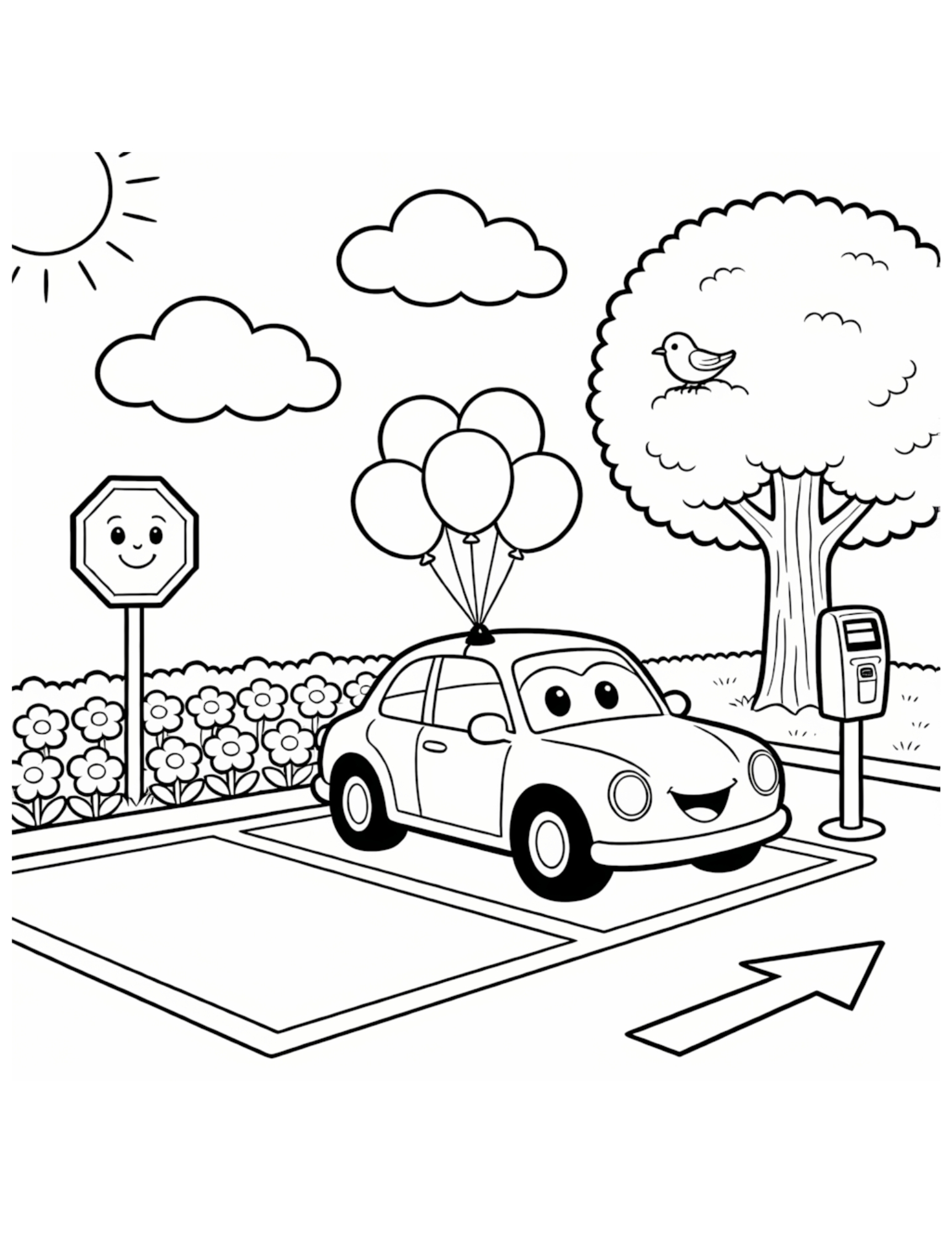Happy Car with Colorful Balloons at Intersection - Black and White Coloring Page