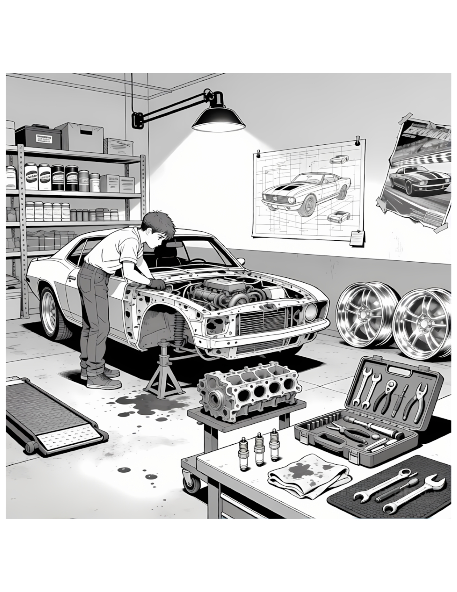 Mechanic Restoring Classic Muscle Car in Garage - Black and White Coloring Page