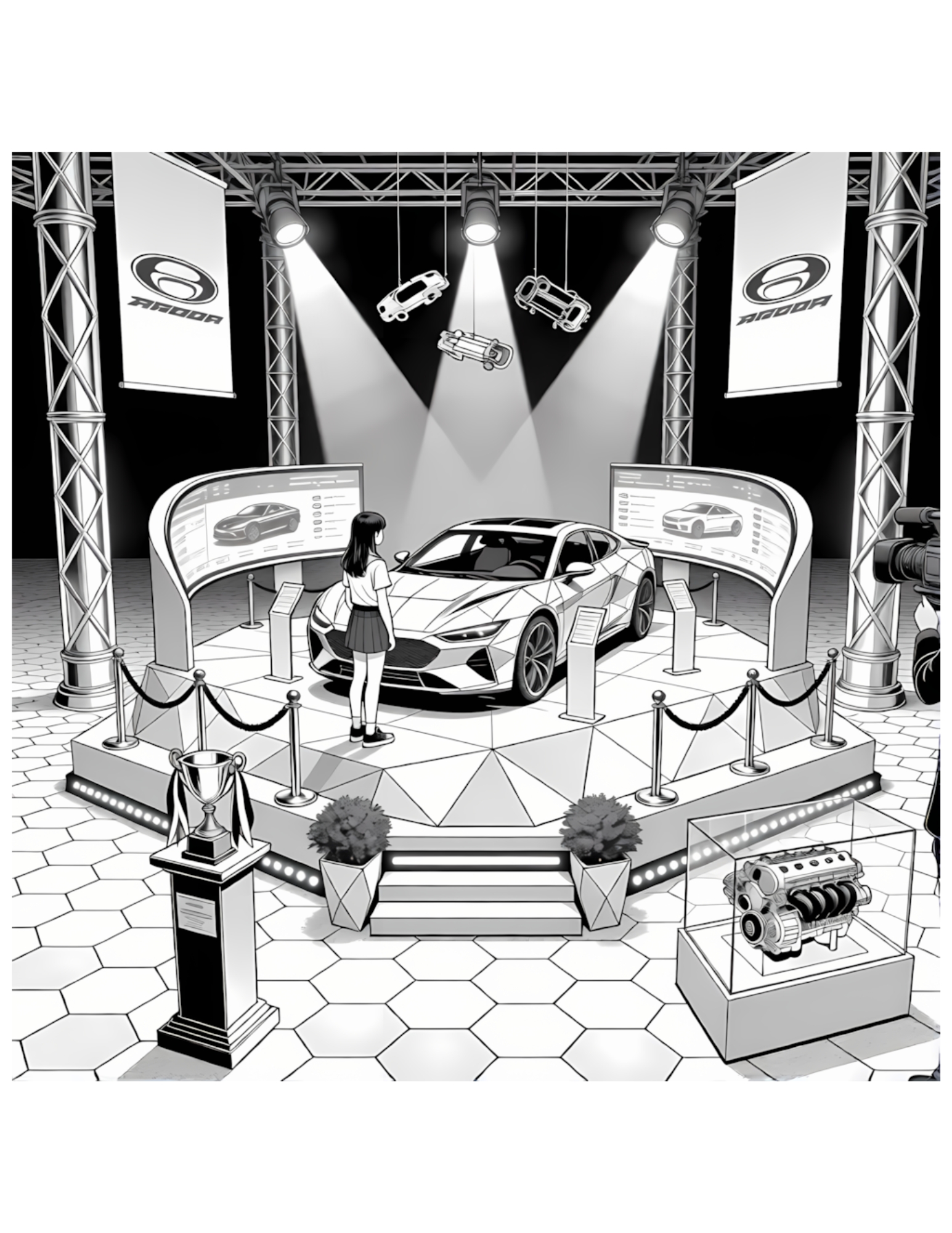 Sleek Sports Car on Display at Auto Show - Black and White Coloring Page