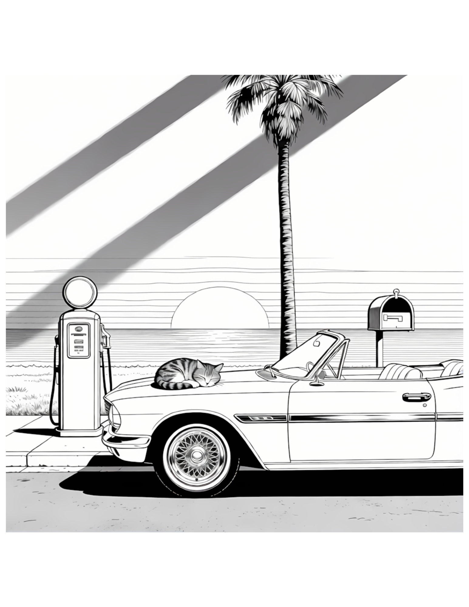 Classic Convertible Top-Down at Sunset Beach - Black and White Coloring Page