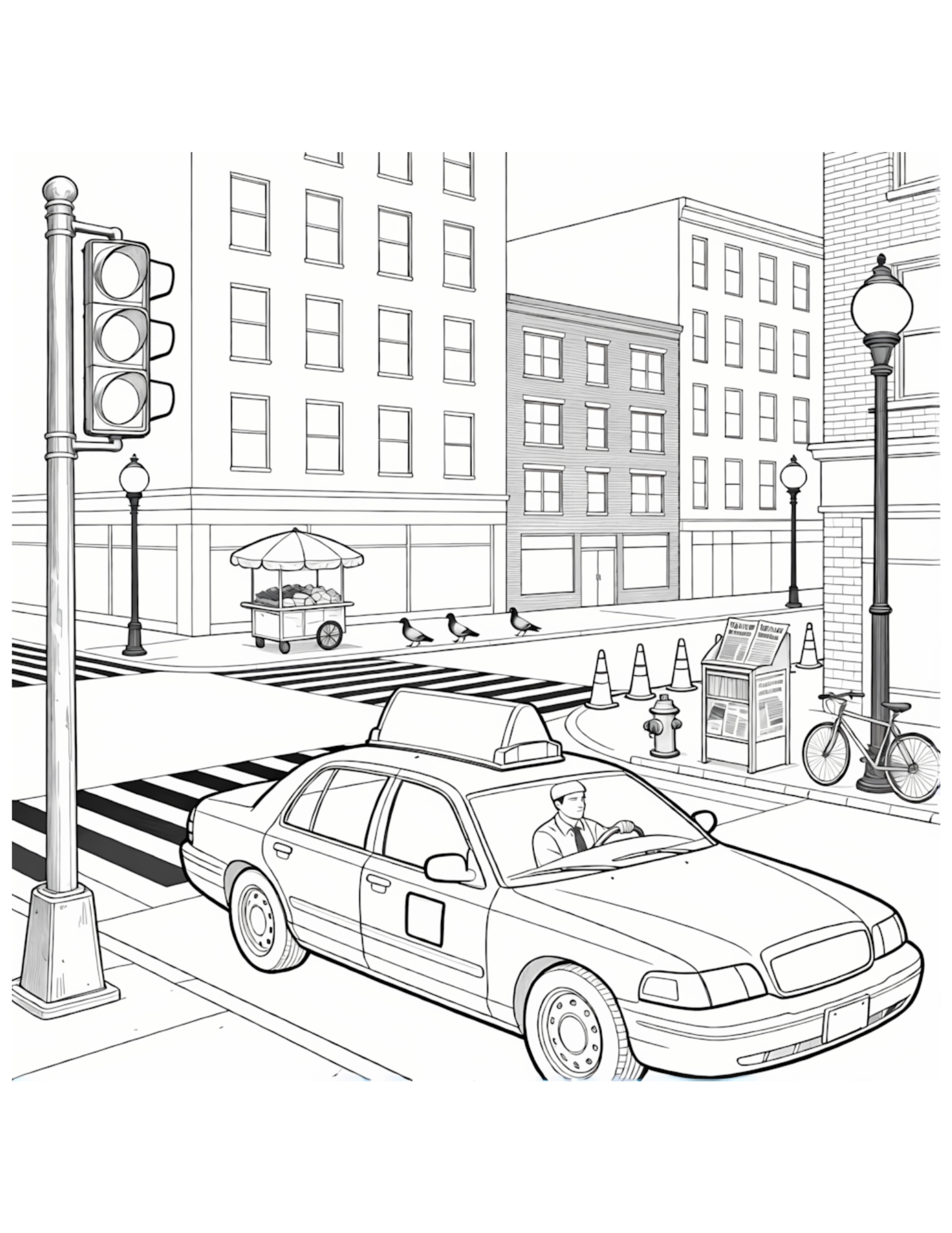 Yellow Taxi Cab at Busy City Intersection - Black and White Coloring Page