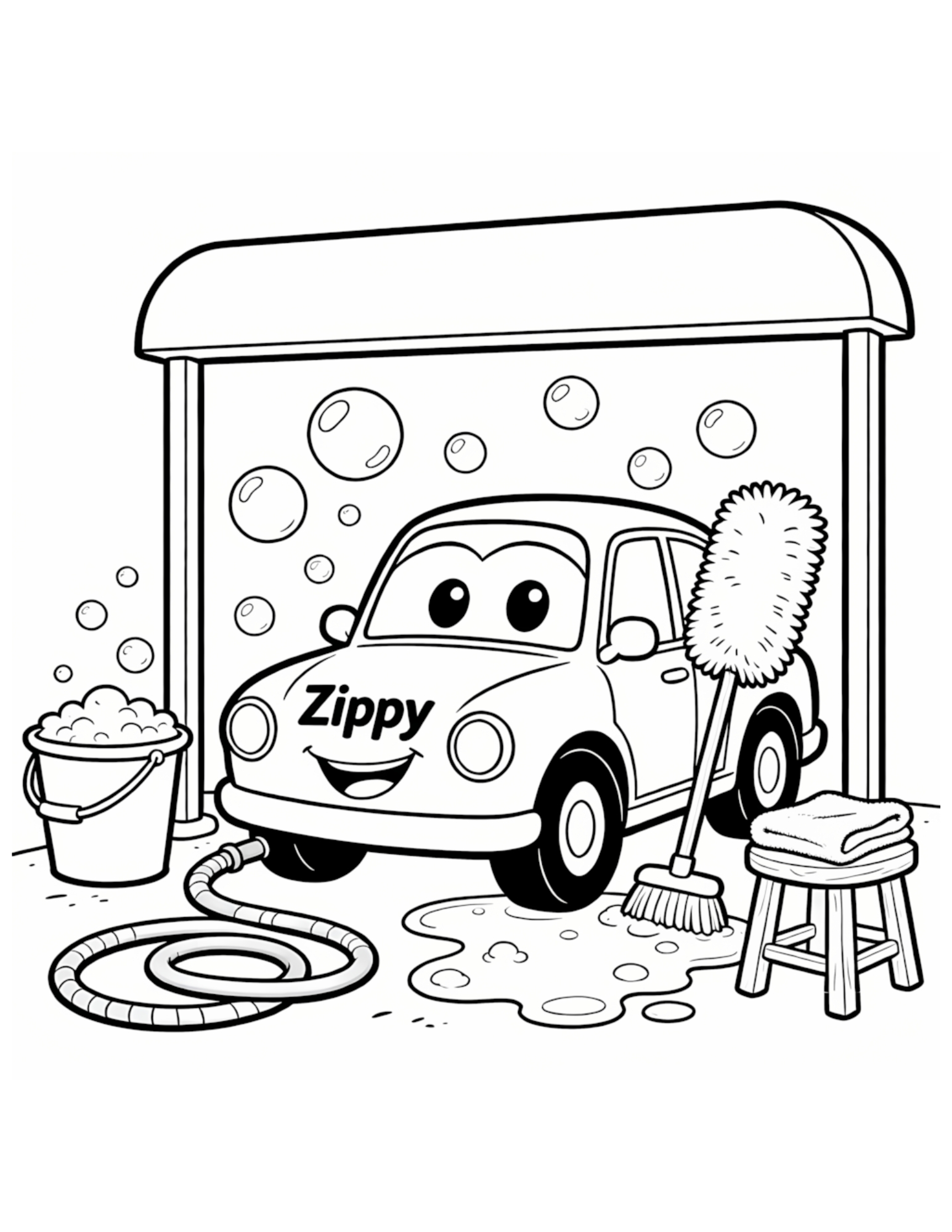 Zippy Gets a Bubbly Car Wash - Black and White Coloring Page