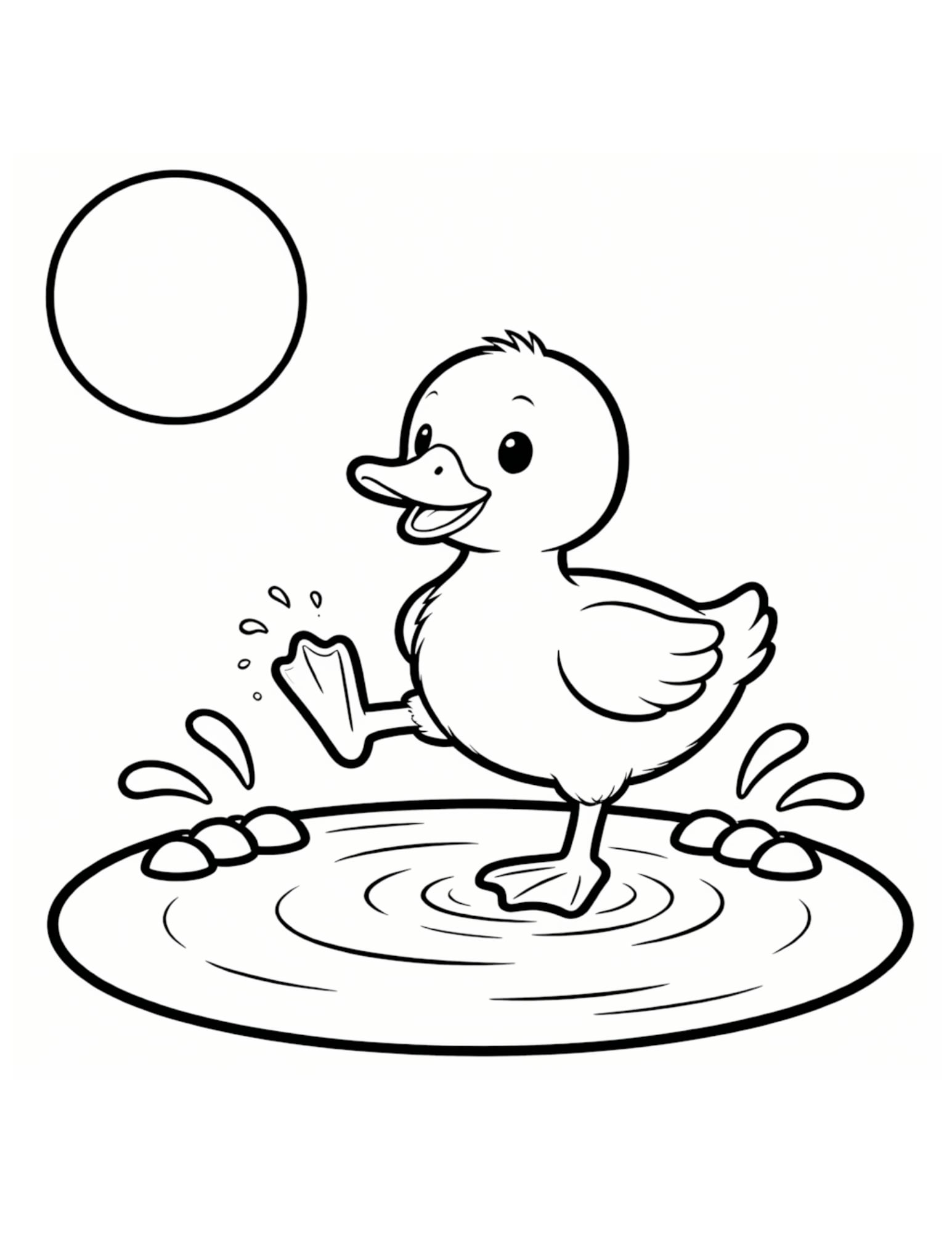 Baby Duckling Splashing in a Sunny Pond - Black and White Coloring Page