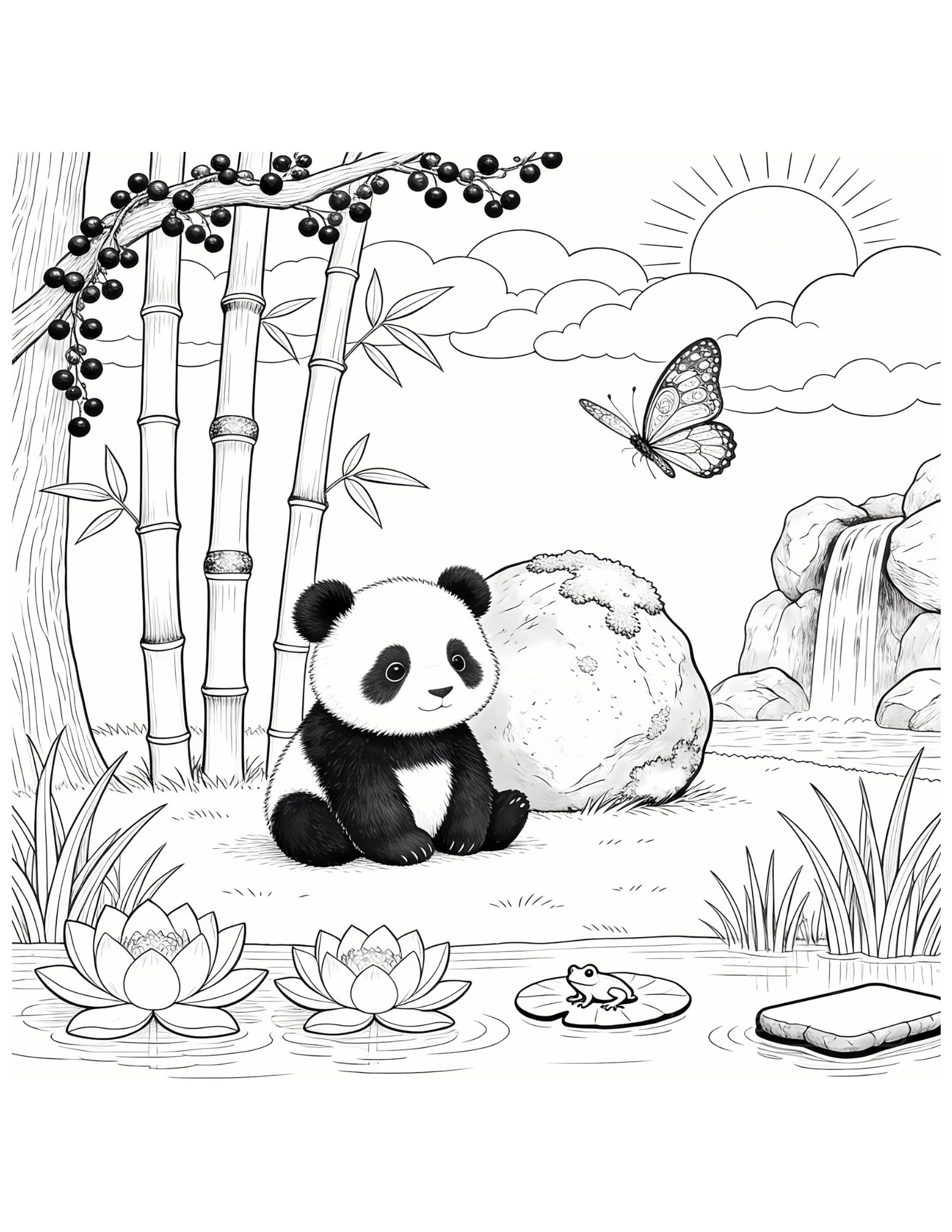 Baby Panda in Bamboo Forest - Black and White Coloring Page
