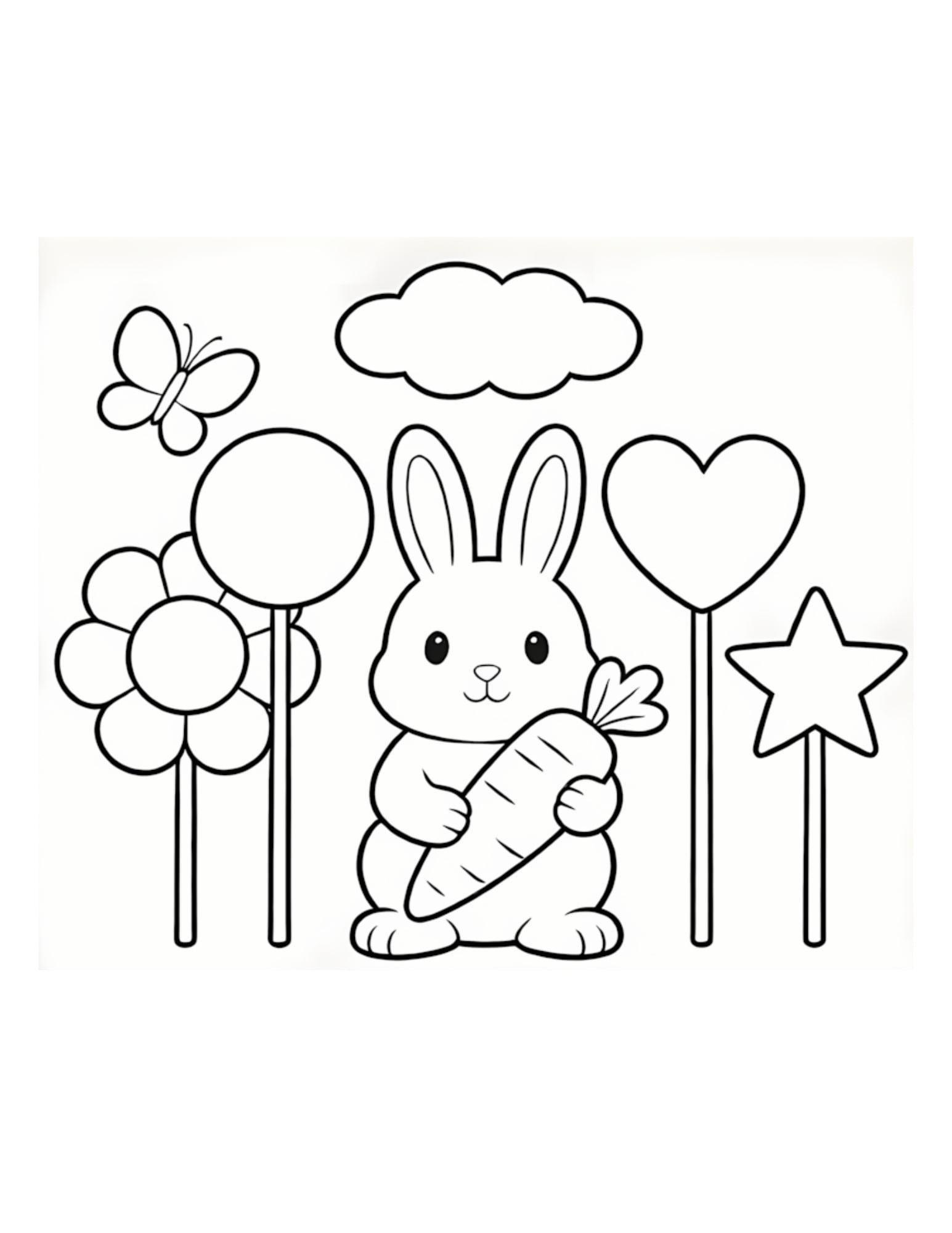 Cute Bunny Holding Carrot in Lollipop Garden - Black and White Coloring Page