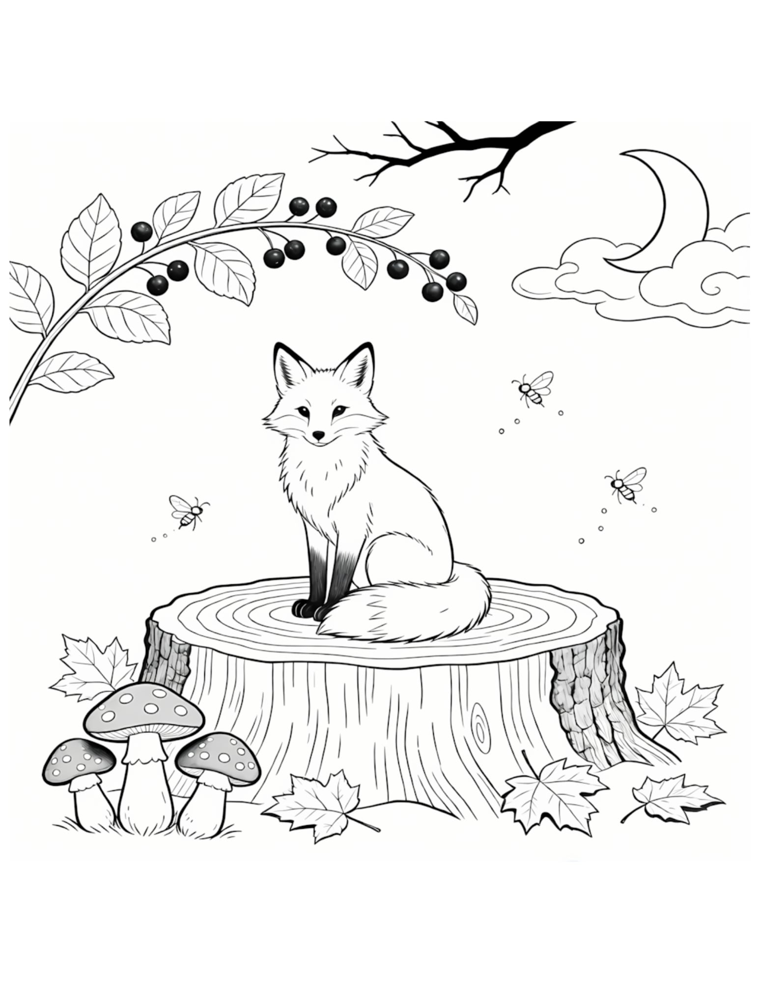 Cute Fox Sitting on Tree Stump in Autumn Forest - Black and White Coloring Page