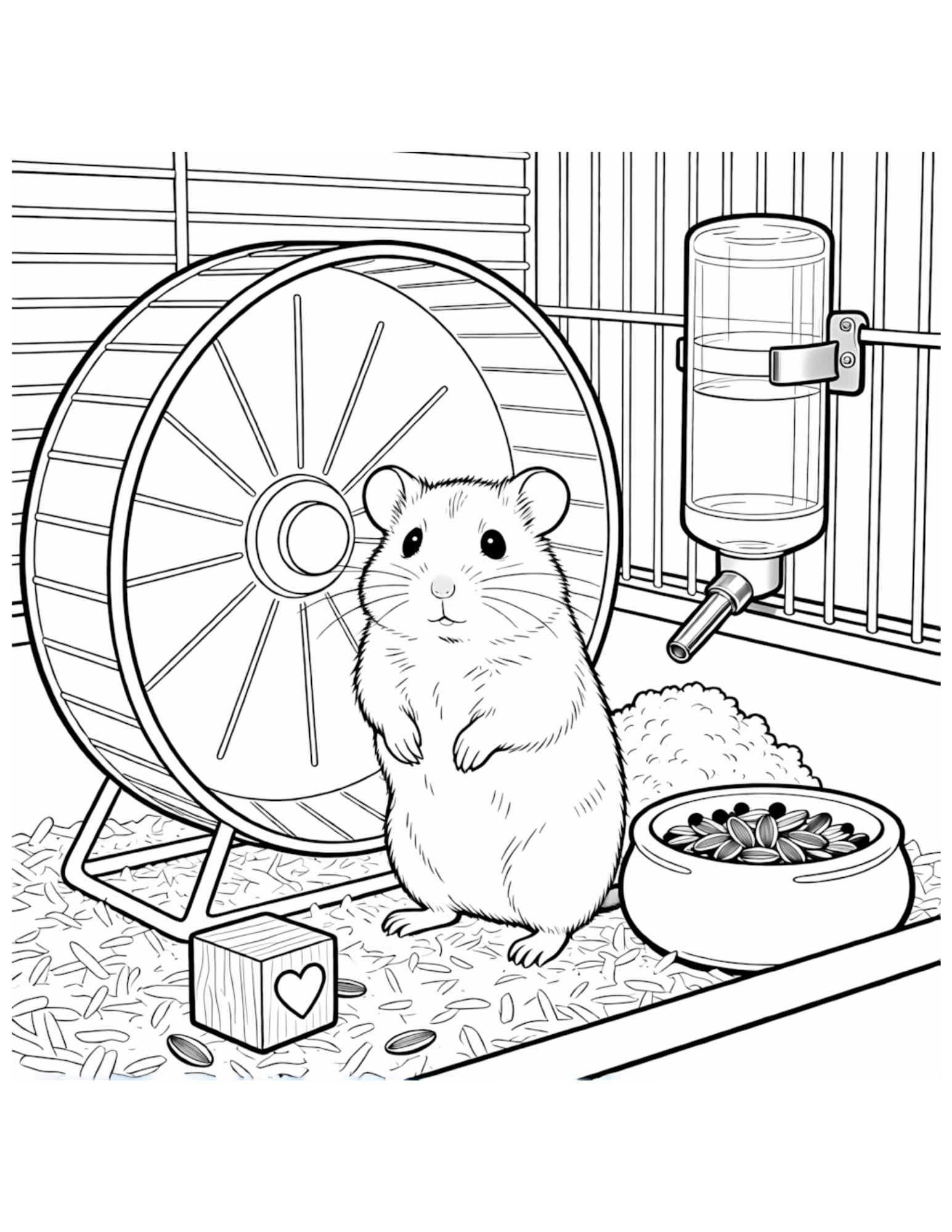 Cute Hamster in Cage with Exercise Wheel - Black and White Coloring Page