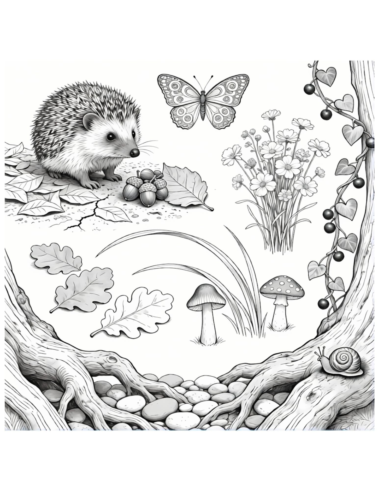 Cute Hedgehog in Woodland Nature Scene - Black and White Coloring Page