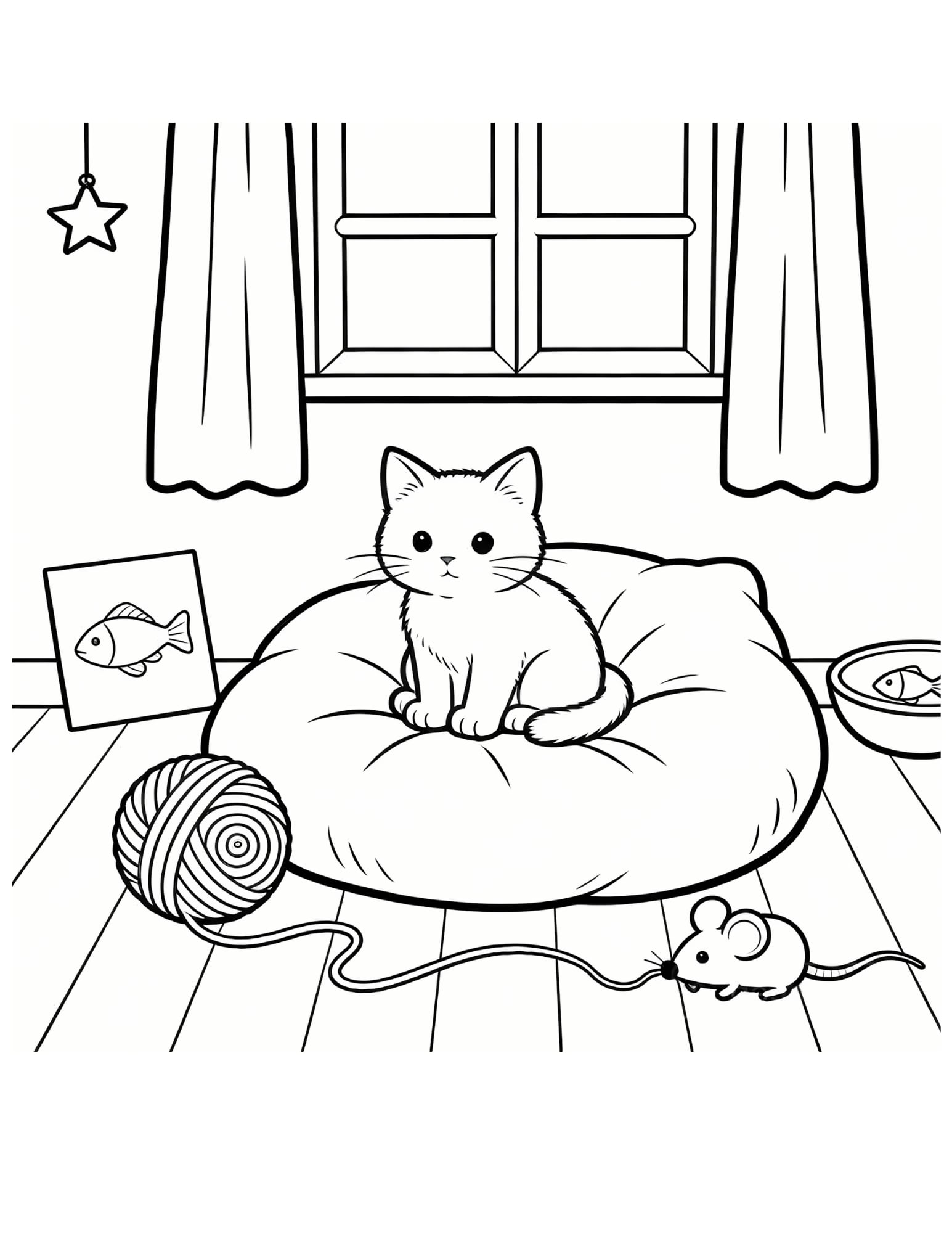 Cute Kitten on Cozy Pet Bed - Black and White Coloring Page