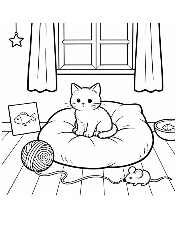 Cute Kitten on Cozy Pet Bed Coloring Page