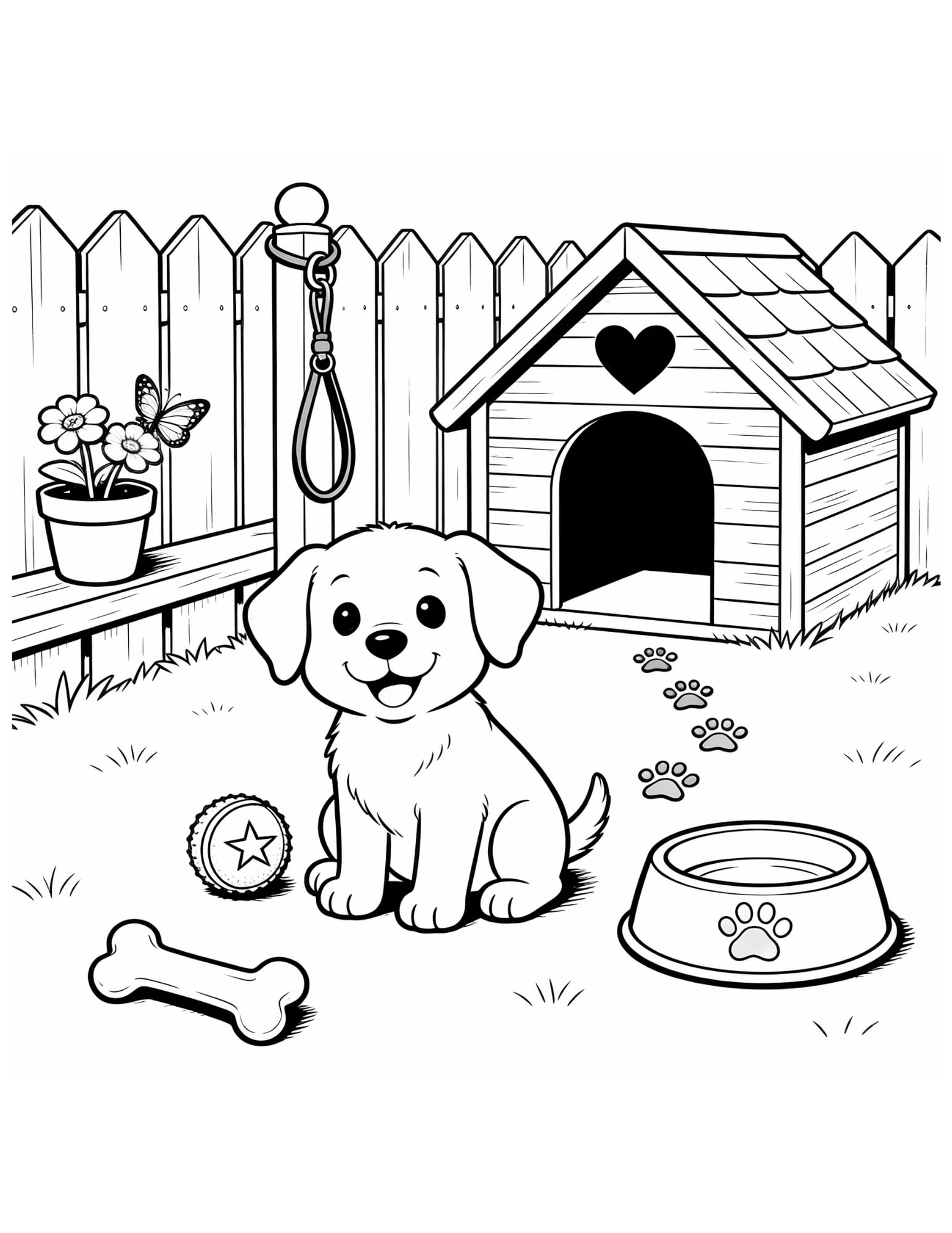 Cute Puppy with Doghouse in Backyard - Black and White Coloring Page