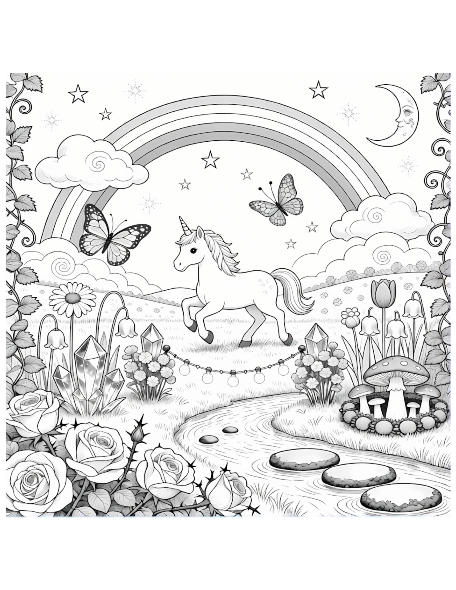 Magical Unicorn in Enchanted Rainbow Garden - Black and White Coloring Page