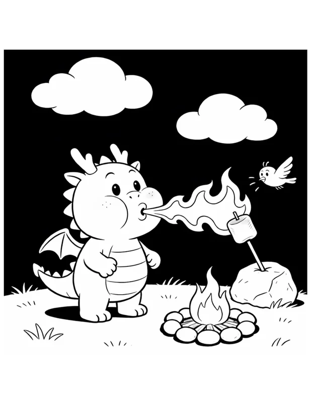 Cute Baby Dragon Toasting a Marshmallow at Campfire Coloring Page