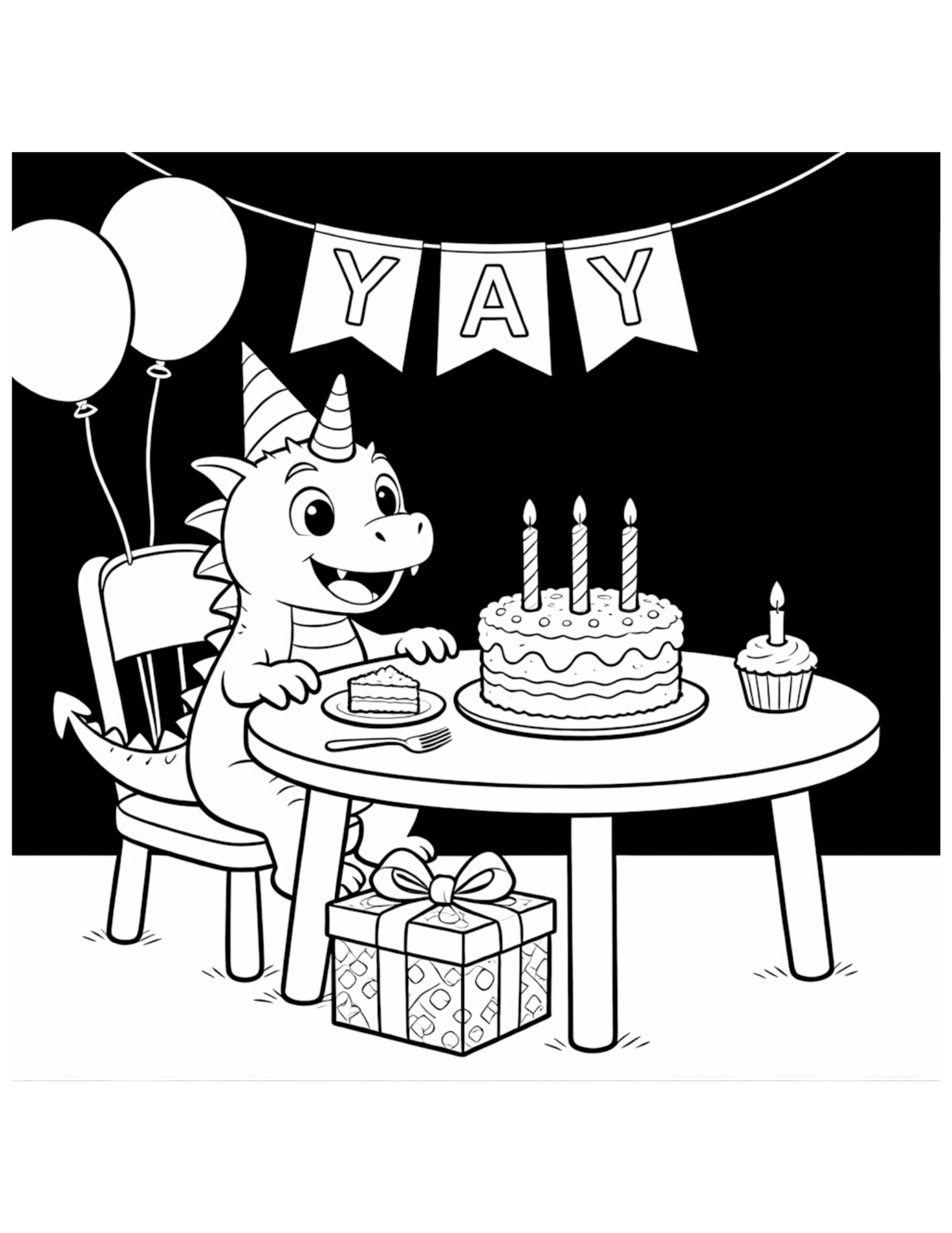 Dragon Celebrating at a Birthday Party - Black and White Coloring Page