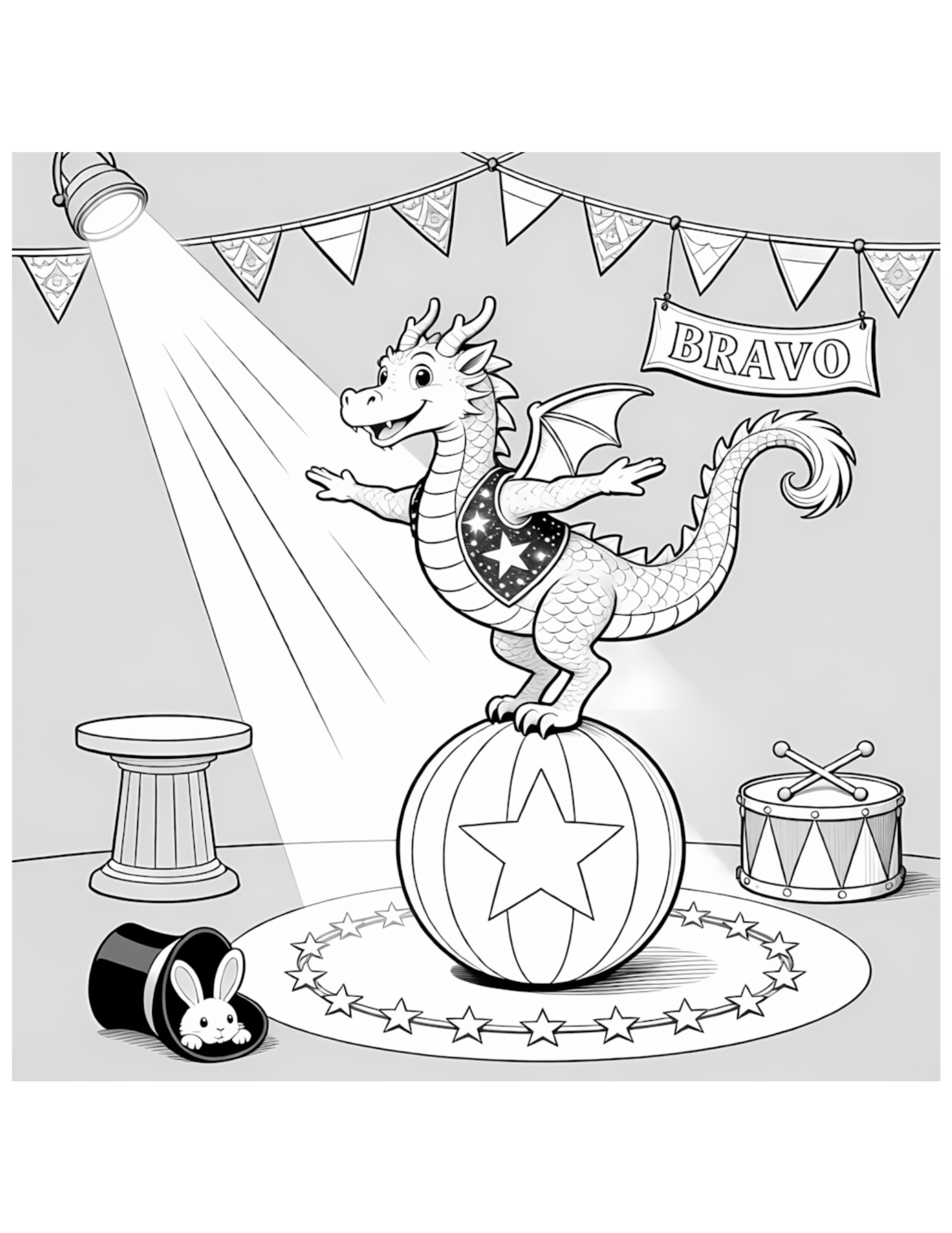 Dragon Circus Performer Balancing on Star Ball - Black and White Coloring Page