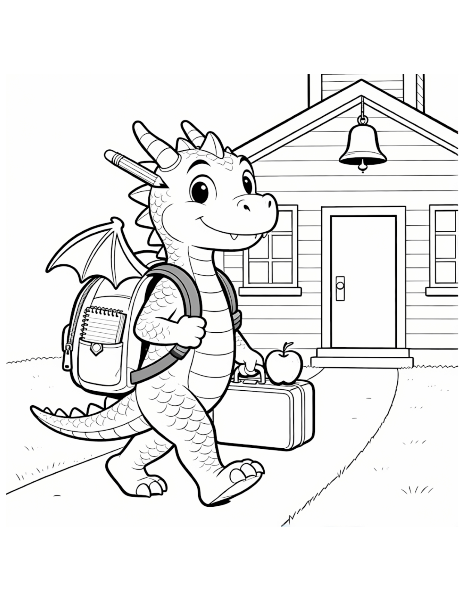 Dragon Heading to School with Backpack and Lunchbox - Black and White Coloring Page