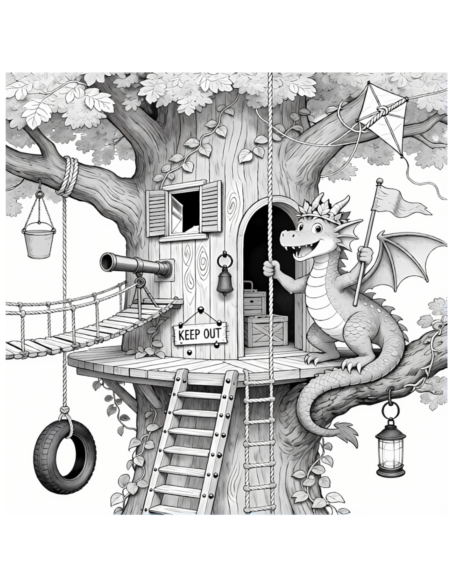 Dragon in a Magical Treehouse with Keep Out Sign - Black and White Coloring Page