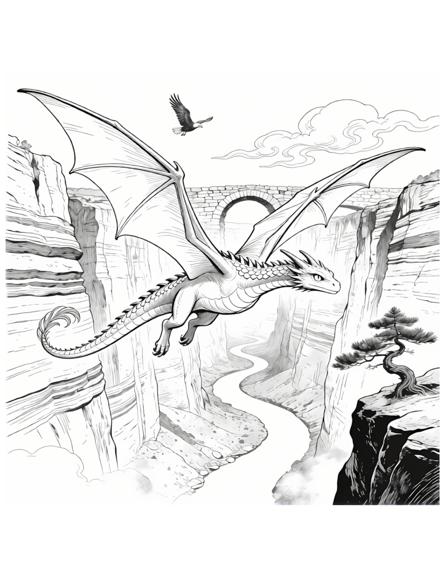 Dragon Soaring Through a Canyon with Ancient Stone Arch - Black and White Coloring Page