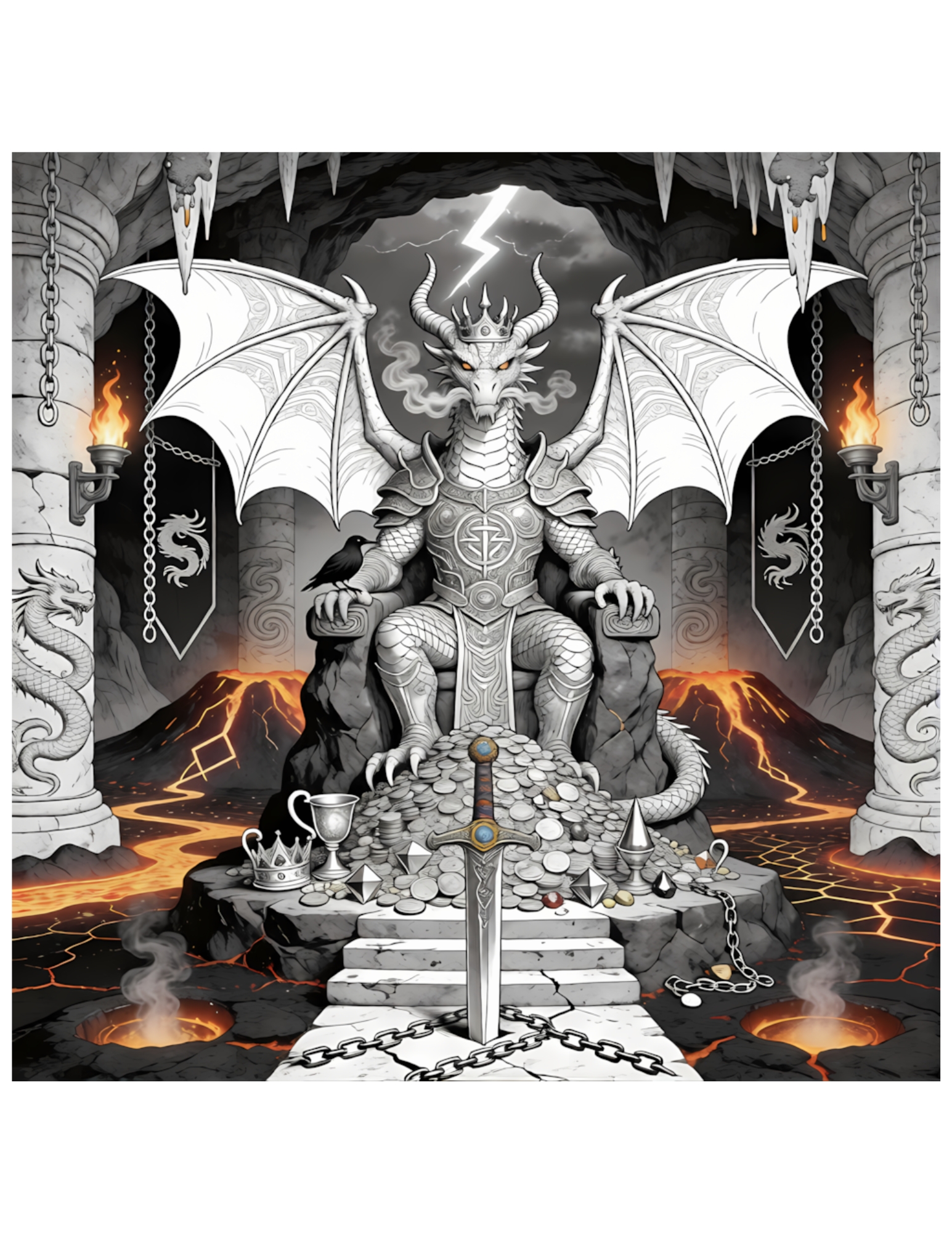 Mighty Armored Dragon on Throne in Volcanic Cave - Black and White Coloring Page