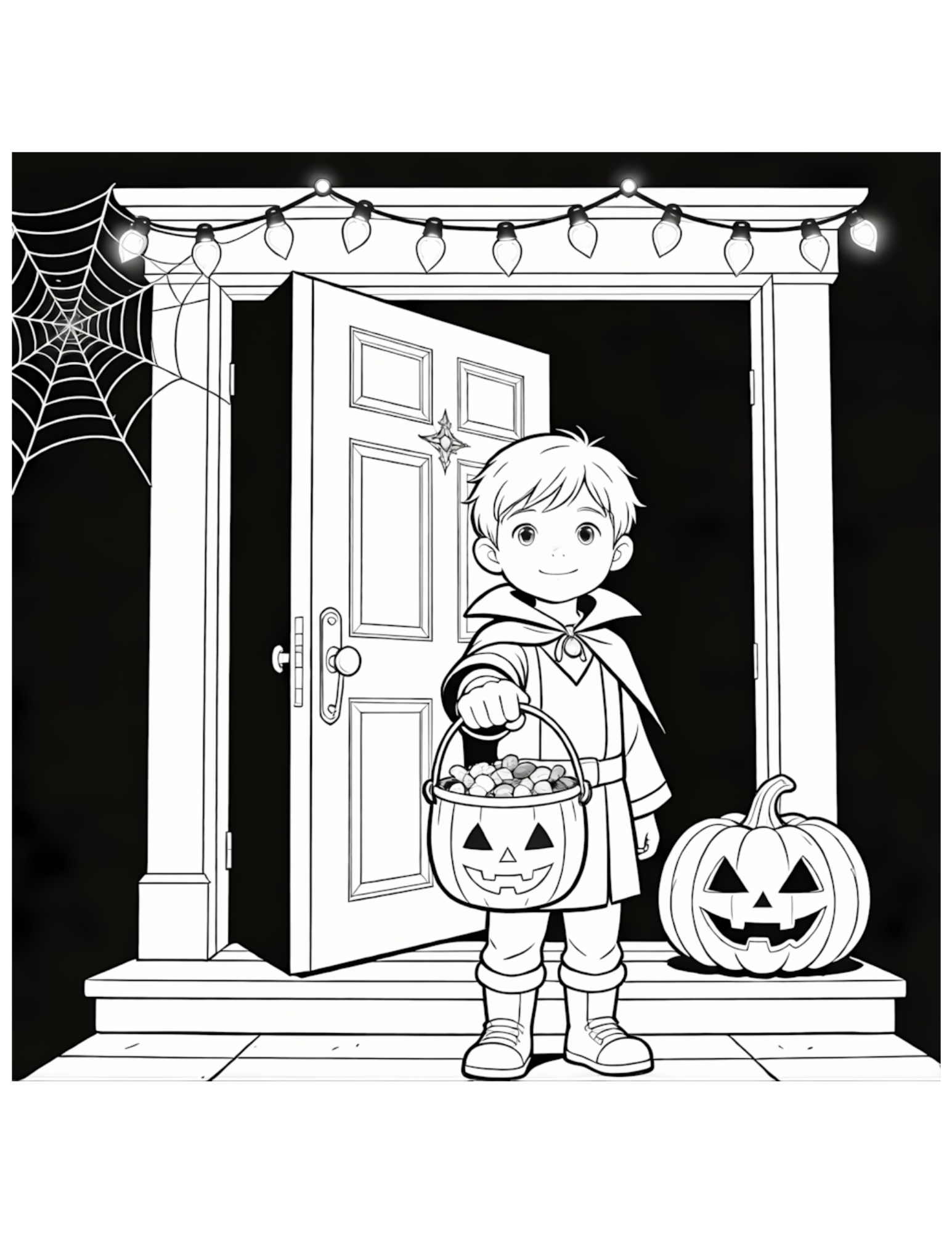 Boy in Vampire Costume Trick-or-Treating at Front Door - Black and White Coloring Page