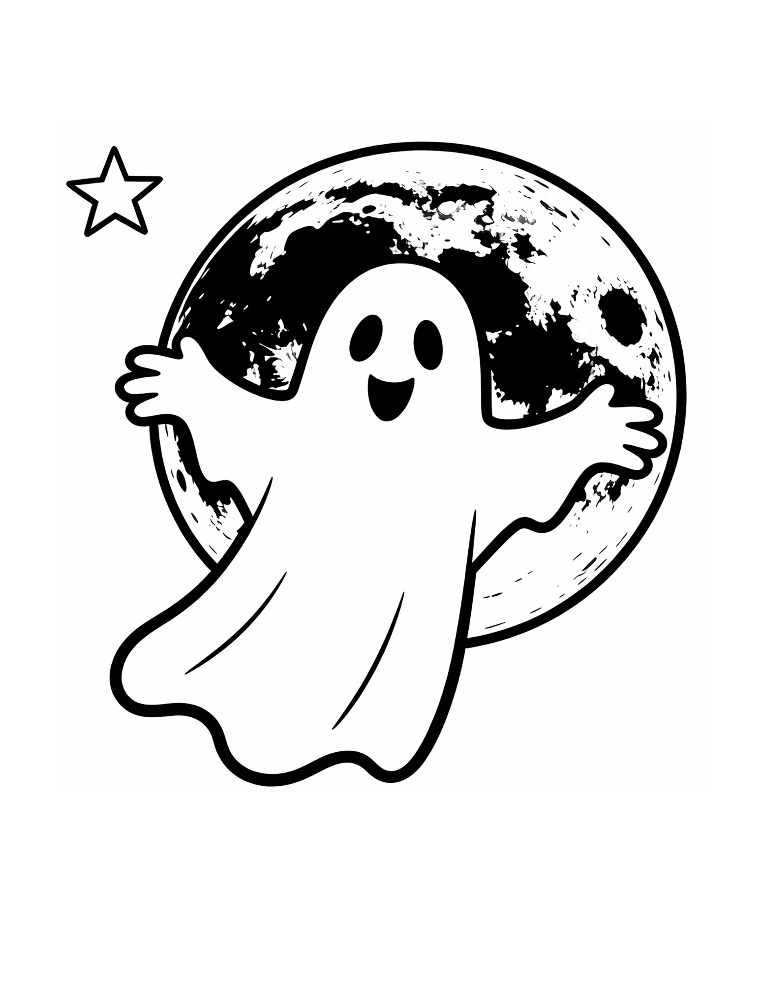Ghost Floating in Front of Full Moon Halloween - Black and White Coloring Page