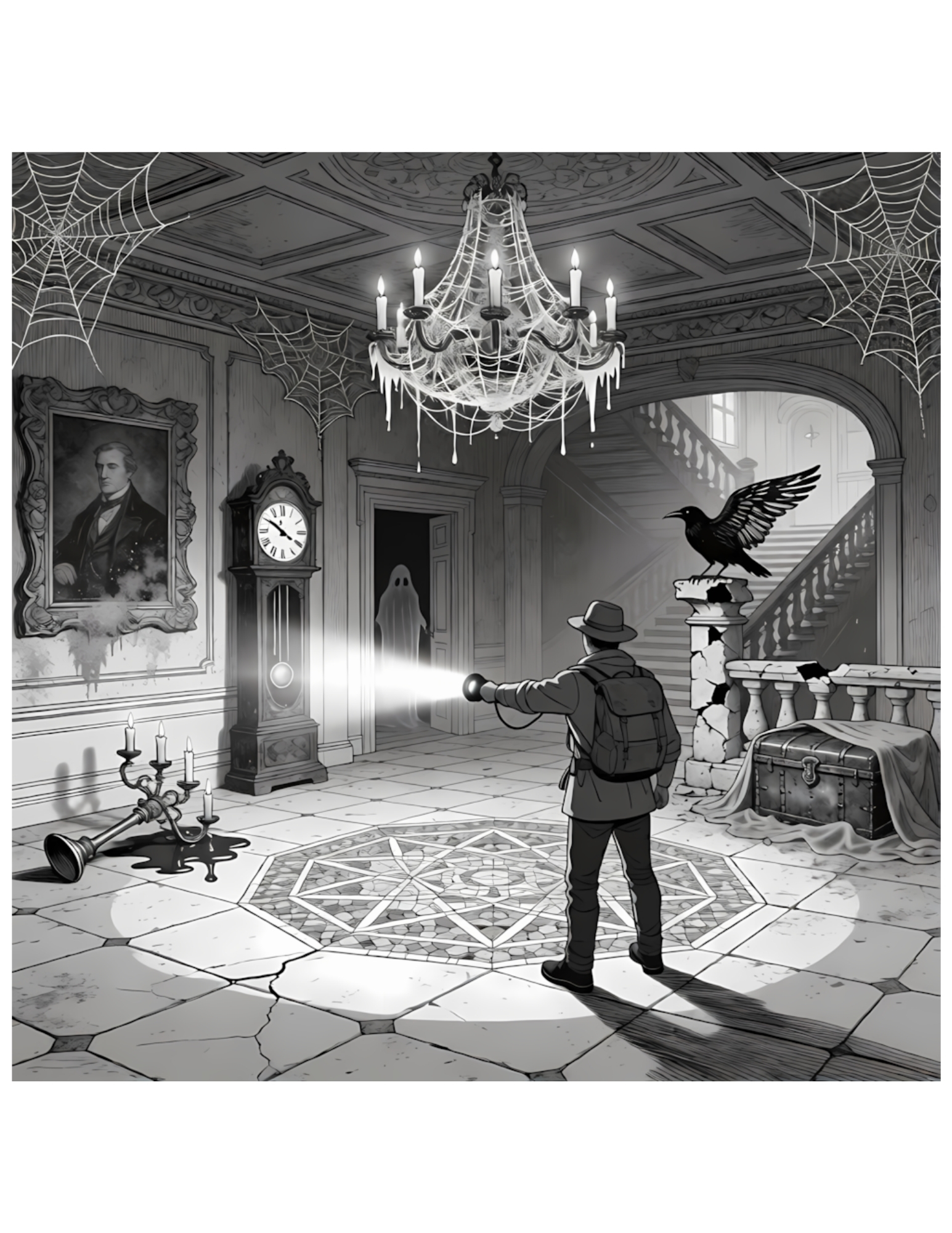 Ghost Hunter in Haunted Mansion Hall Halloween - Black and White Coloring Page
