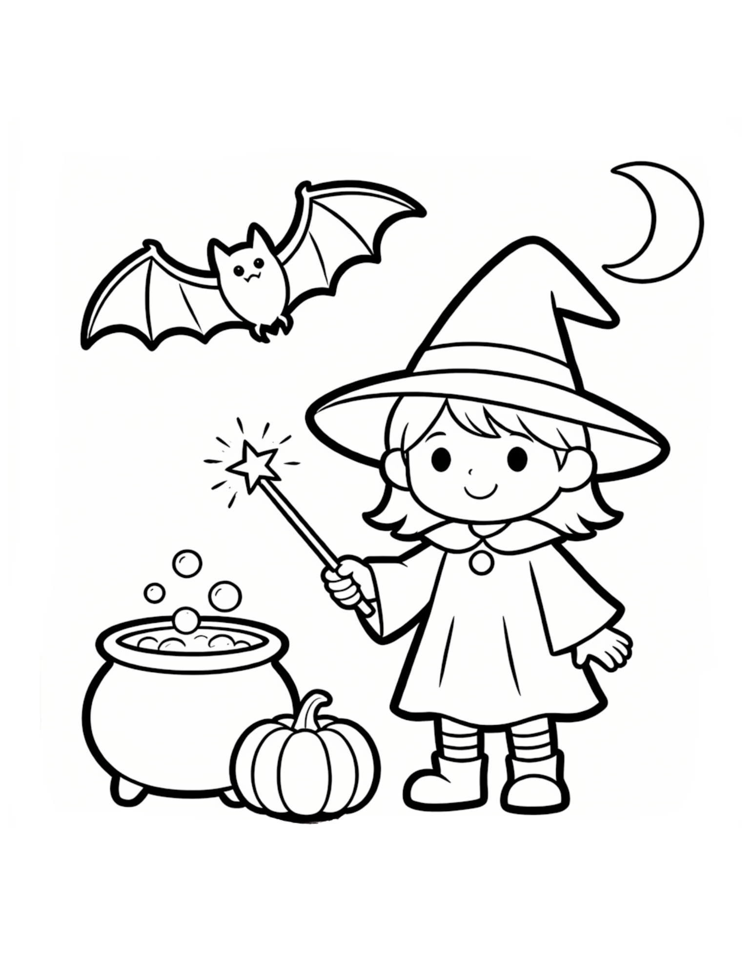 Little Witch Girl with Wand and Cauldron Halloween - Black and White Coloring Page