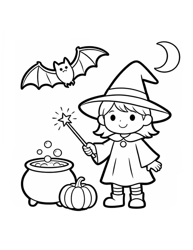 Little Witch Girl with Wand and Cauldron Halloween Coloring Page