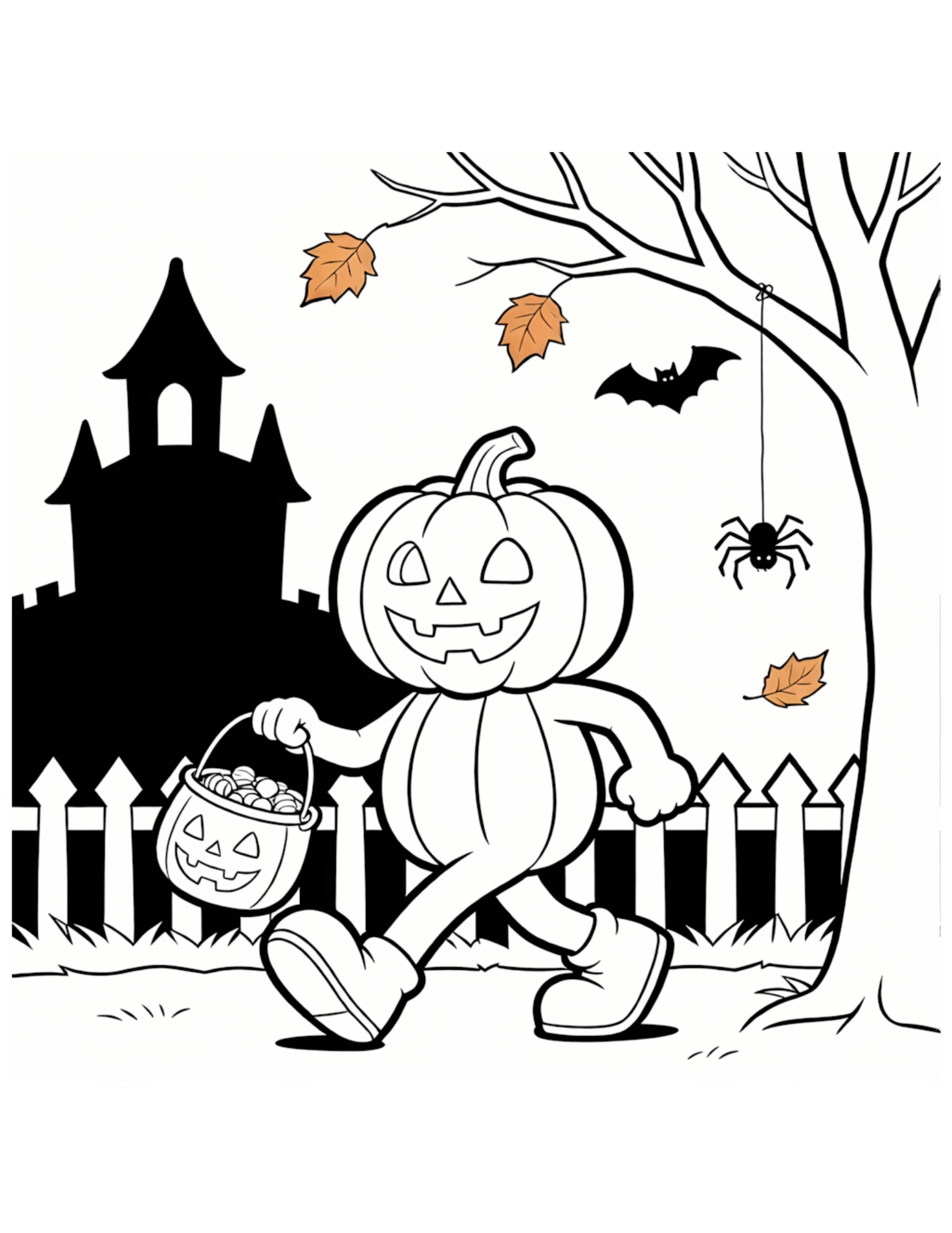 Pumpkin Head Man Trick-or-Treating Halloween - Black and White Coloring Page