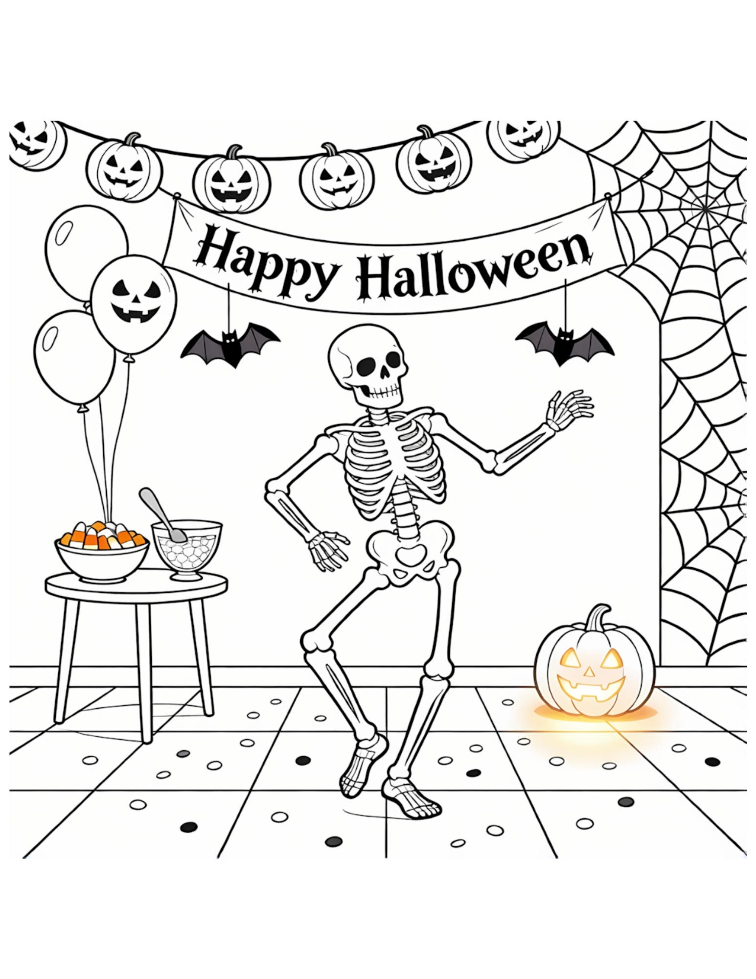 Skeleton Dancing at Halloween Party - Black and White Coloring Page
