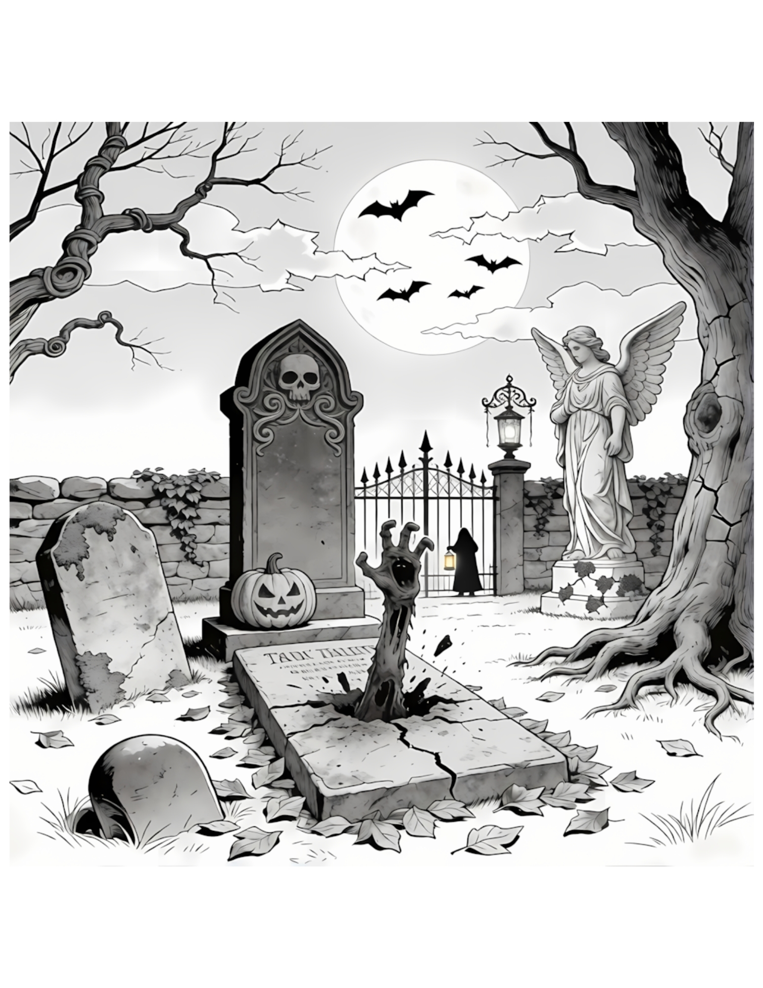 Spooky Graveyard with Zombie Hand and Angel Statue - Black and White Coloring Page