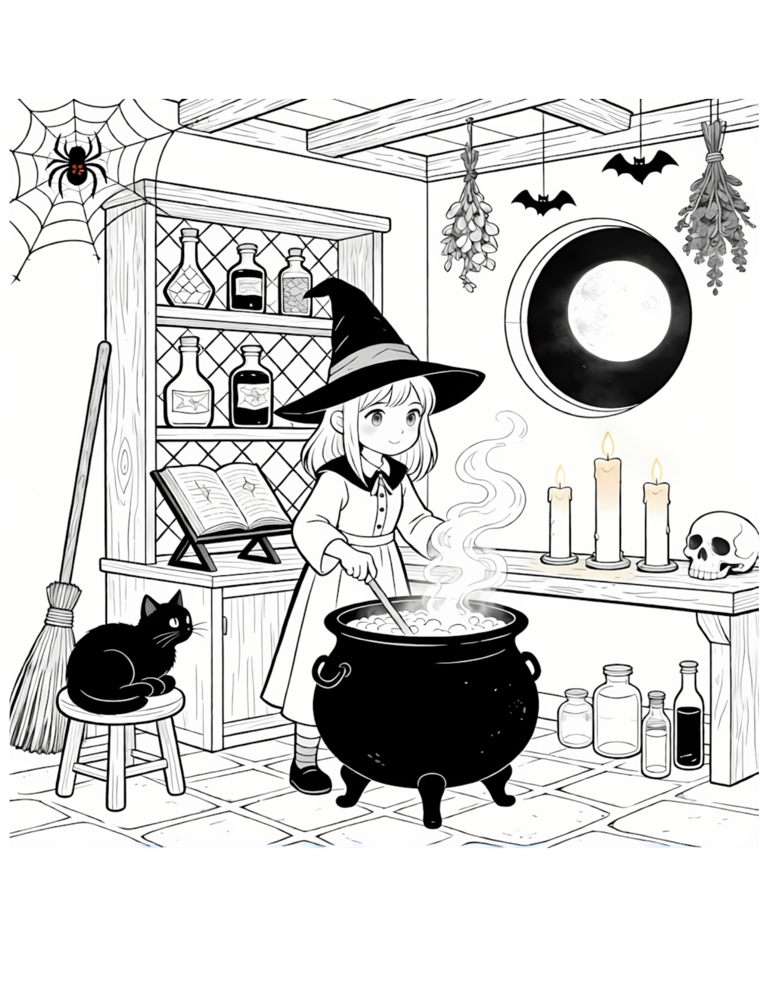 Witch Girl Brewing Potion in Spooky Room - Black and White Coloring Page