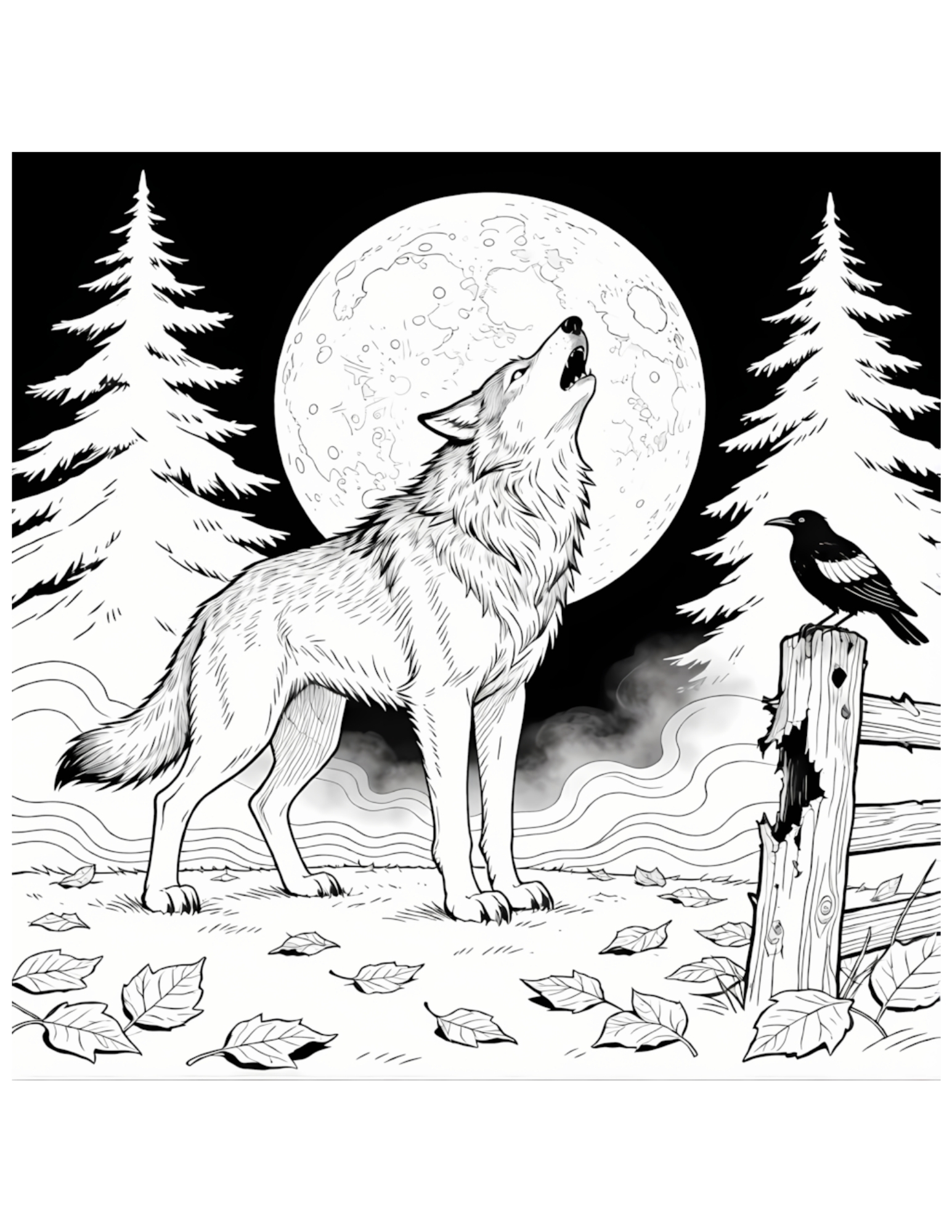 Wolf Howling at Full Moon Halloween Night - Black and White Coloring Page