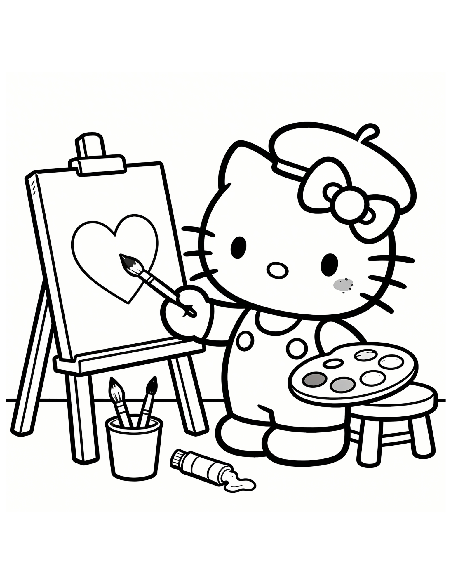 Hello Kitty Artist Painting a Heart on Canvas - Black and White Coloring Page